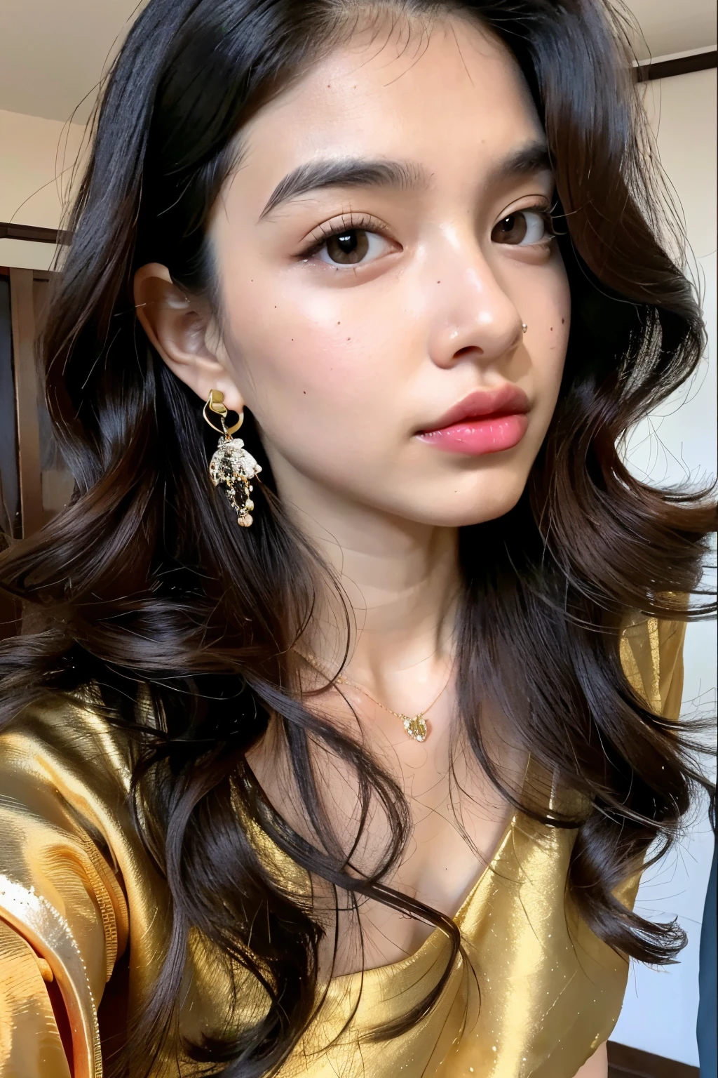 ((best quality)), ((masterpiece)), (detailed), perfect face, ager 19 year old girl ,surreal, indian girl, (high resolution), (8K), ((extremely detailed)), (best illustration),beautiful detailed round eyes , (best quality), (super detailed), (masterpiece), (detailed face), best quality, (big breasts ,wearing beautiful golden traditional , winter clothes , with beautiful earing, Seductive body ,long black curly hair ,Super chic face detail, Super detailed lips)), ((Detailed eyes, in her room , standing , showing full body ,