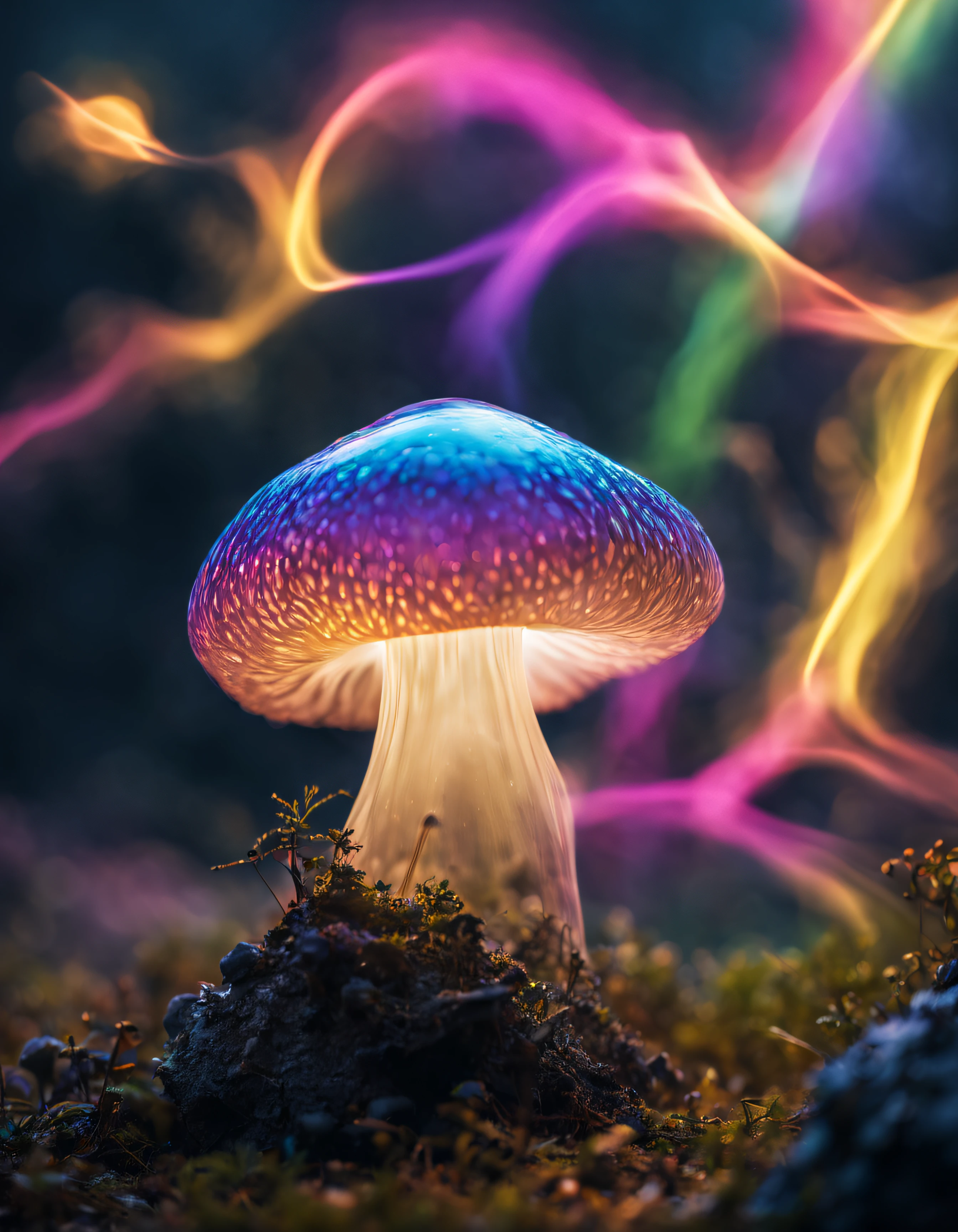 (The main mushroom made of transparent glass generates a large amount of lightning from inside..)、Mushrooms deformed by large amounts of smoke,((Mushroom shape is diamond cut)), The ridgeline is made up of ultra-fine lightning-shaped neon lines...、Polyhedron with metallic reflection、Mushroom stems are very delicate and thin.、It's about to break。...、(((、The inside of the mushroom appears to be filled with rainbow-colored smoke....)))、Mesmerizing surreal movie stills of Alice in Wonderland,、 magical dreamland bokeh background, A fascinating and eerie fantasy world, Illuminates dark shooting scenes with fantastic light。。。。, Otherworldly elements of a familiar story, ether wonderland, mystic atmosphere, Realism aesthetics of dark magic and dark fantasy, translucent bioluminescent material、Otherworldly luminescence、((born in another world、A strangely shaped poisonous mushroom that emits bewitching smoke.....,)) Ultra-realistic, (Voronoi pattern, depth of fields, (swirly bokeh:1.275), (Kodak Portra 400:0.875) :1.15), (Realistic and complex futuristic background,), (Turbulent Toxic Vapor:1.2, Magnificent surrealism, blue and white lighting, low key light:1.1), Notable masterpieces, celestial, Ethereal, epicd, Magical Light Flare, natural, Soft dreamy lighting, ((Warm Yellow and Deep Carbon:0.7), (Cinematic Look:1.15):1.15)、The inside of the mushroom seems to be filled with rainbow-colored smoke...