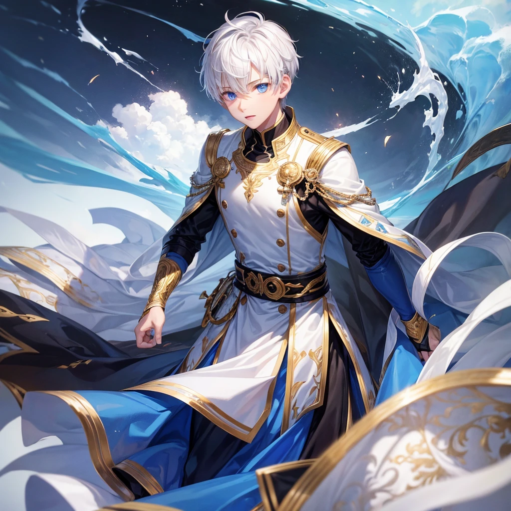 man 17 yearsort white hair, has blue eyes