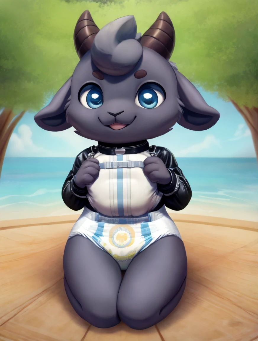 Lamb , blue fur ,masterpiece,best quality,Highest picture quality, cute, chibi, creature, ( wearing  diaper straitjacket), =3,