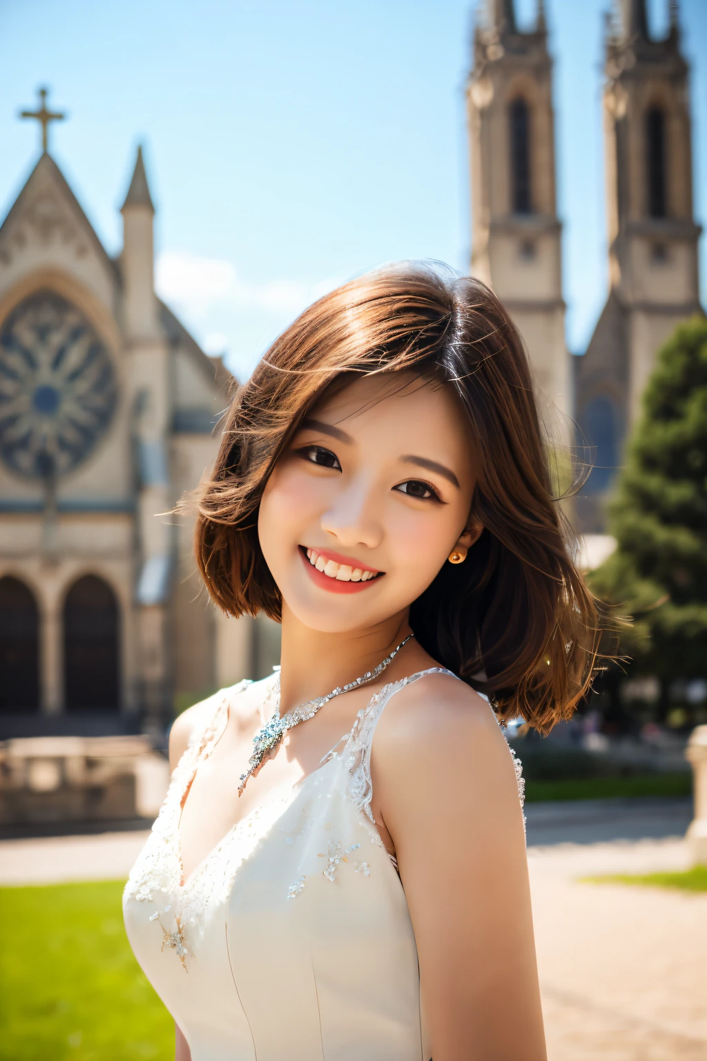 Best Quality, masutepiece, hight resolution, 1girl in,Ultra-high definition image of an extremely beautiful face,american wedding dress,Hair Ornament,Necklace, Jewelry,Beautiful face,Inserting a into the_Body, Tindall Effect,Photorealistic, Detailed image with church in the background,fullbody image,(High detailed skin:1.2),Smiling and looking at the camera,Full body image 8K and UHD, Digital SLR, in the soft and bright sunlight,High quality, Volumetric lighting, Candid, photograph, High resolution, 4K, 8K,