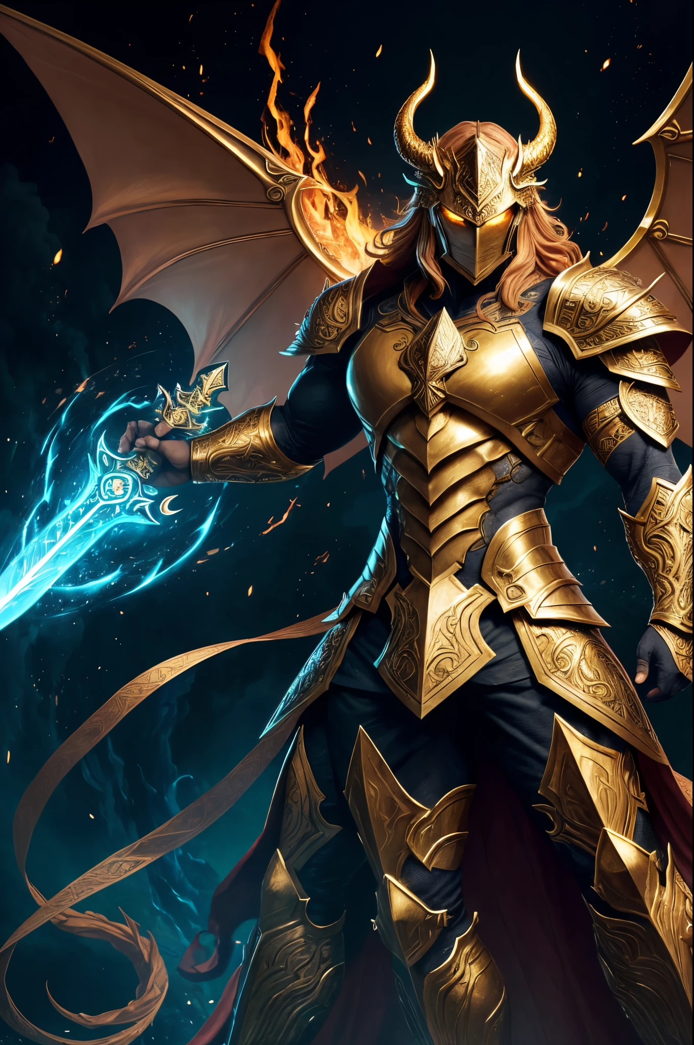 (ultra-detailed,highres,realistic:1.2),Semi-dragon character clad in dragon-scale armor,powerful and kind-hearted,ric Stormbringer,golden scaled skin,shimmering eyes,copper-tinted hair,dragon-scale armor with intricate details,protective and sturdy appearance,semi-human and semi-dragon hybrid,standing in a heroic pose,strong and confident stance,golden light shining from his eyes,merging with the surrounding environment,golden aura emanating from his body,majestic and awe-inspiring presence,background depicting a mystical realm,with floating islands and vibrant landscapes,golden runes etched on his armor,glowing with ancient power,subtle reflections on his scales giving a metallic sheen,majestic wings sprouting from his back,ready to take flight,thick and sturdy scales protecting his body,endowed with a sense of durability and strength,imposing horns protruding from his forehead,giving him a regal and formidable look,eyes reflecting wisdom and compassion,ready to defend the weak and fight for justice,illusion of fire and sparks trailing behind him,suggesting his affinity to fire,effortlessly wielding a shining sword with intricate designs,emphasizing his skill in combat,background filled with vibrant colors and lush vegetation,conveying a sense of life and harmony,soft sunlight casting a warm and inviting glow,illuminating his golden skin and armor,intricate details showing meticulous craftsmanship,and a touch of magic,immersing the viewers in a world of fantasy and wonder.