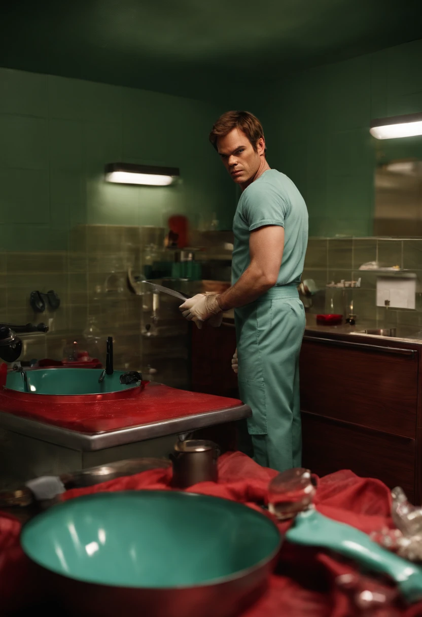 A photo of Dexter carefully setting up his kill room,original,michael c hall, male