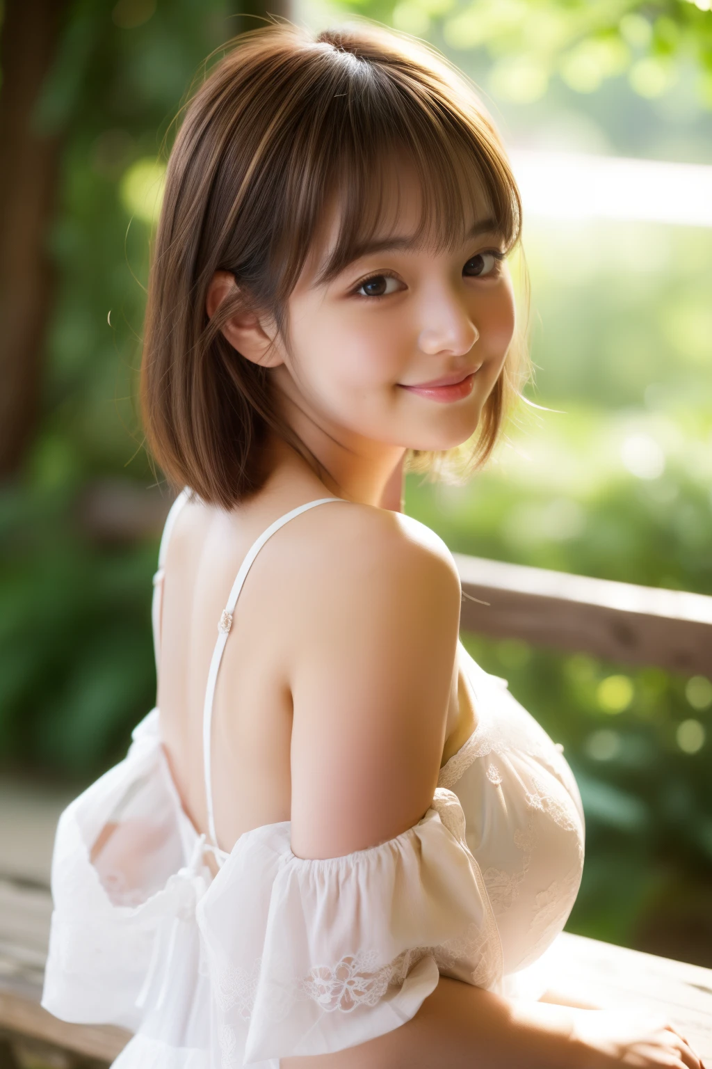 ((masterpiece)), ((best quality)), (ultra-detailed), ((kawaii)),japanese girl, 19yo, cute, (lovely), ((sexy)), (ero), ((extremely detailed)), 4K, (8K), best quality, (beautiful), realistic, real, forest, daytime, a pretty woman, solo, face and big boobs, potbelly, summer dress, (off-shoulder dress), beautiful light brown hair, ((beautiful eyes)), short hair, fat, overweight, curvy, light smile, arched back, cowboy shot