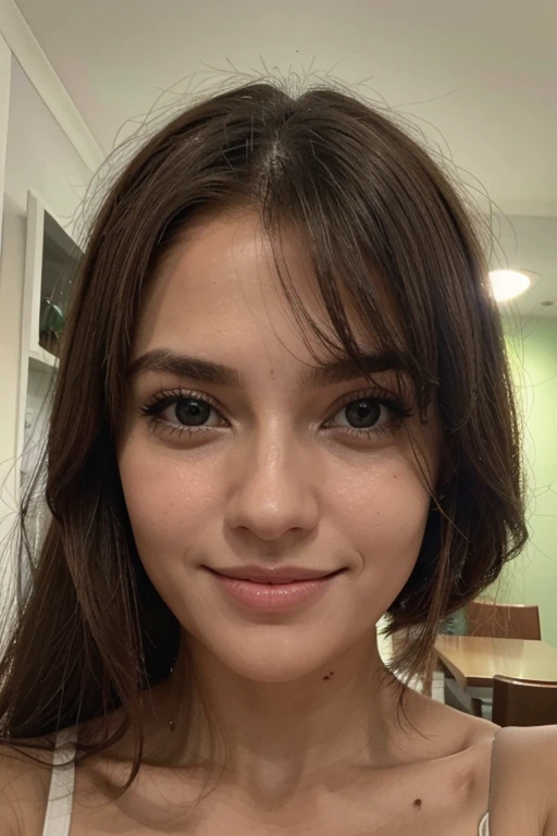 uma selfie de uma mulher com cabelos loiros, franja, realista, olhos verdes, sorrindo