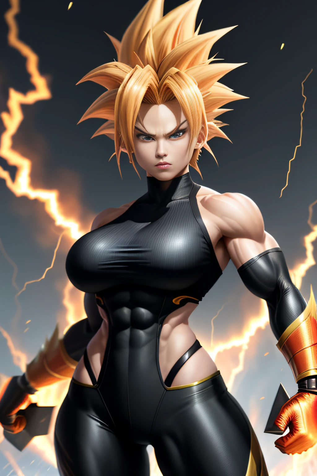 Wukong、Super Saiyan、Realistic 3D rendering of fused Aquaman, Surrounded by lightning, big muscle, full body photo shot, hyper realisitic、super saiyan female solo、irate、Battle Damage、a blond、Blue sash、gritted teeth、Irritated、verd s eyes、musculature、muscularwoman、spiked hair、Super Saiyan、Super Saiyan 1、牙、ripped clothing、wristbands、 attractive young woman, (Beautiful face:1.1), Detailed eyes, nippless、luscious lips, (smokey eye makeup:0.85), (large full breasts:1.3), (athletic bodies:1.5), Mischievous smile、full-body view