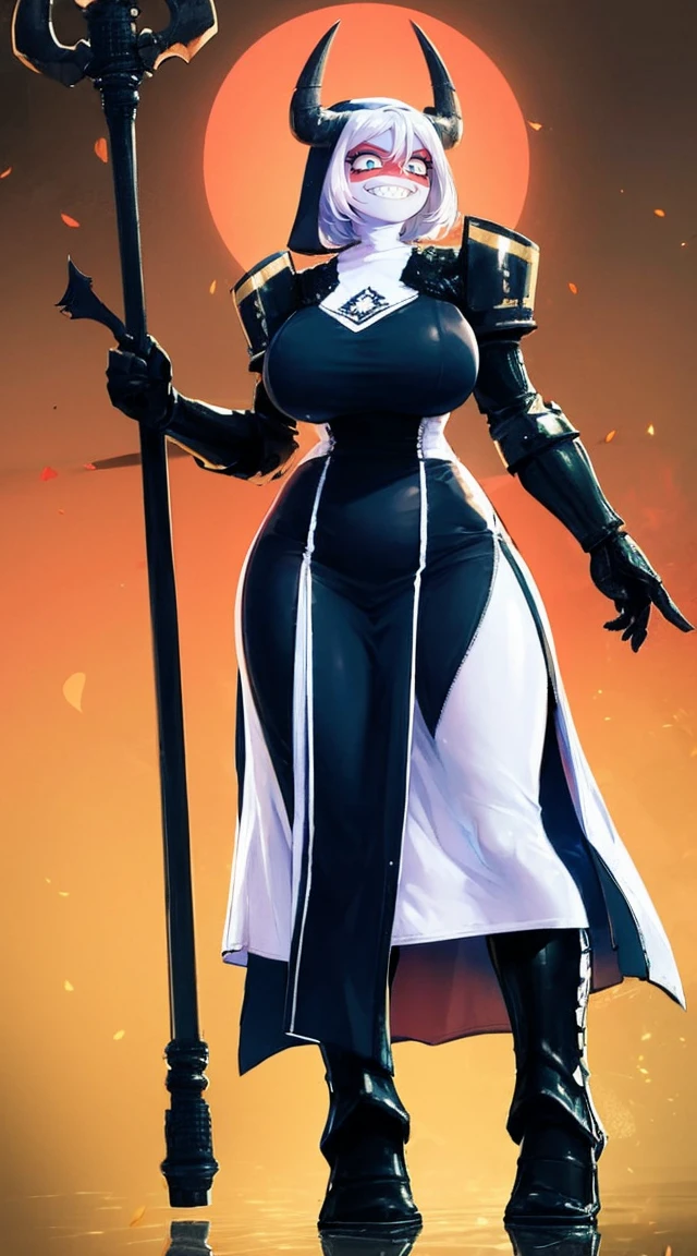 nun, demon girl, walking, , warpriesstes, silver hair, short hair, sacred gauntlets, long ski, cute smile, pure smile, love smile,,veillong skirt, pantyhose, staff holding, armor, gloves, standing, full body,sharpteeth,standing, full body, happy, joyfull