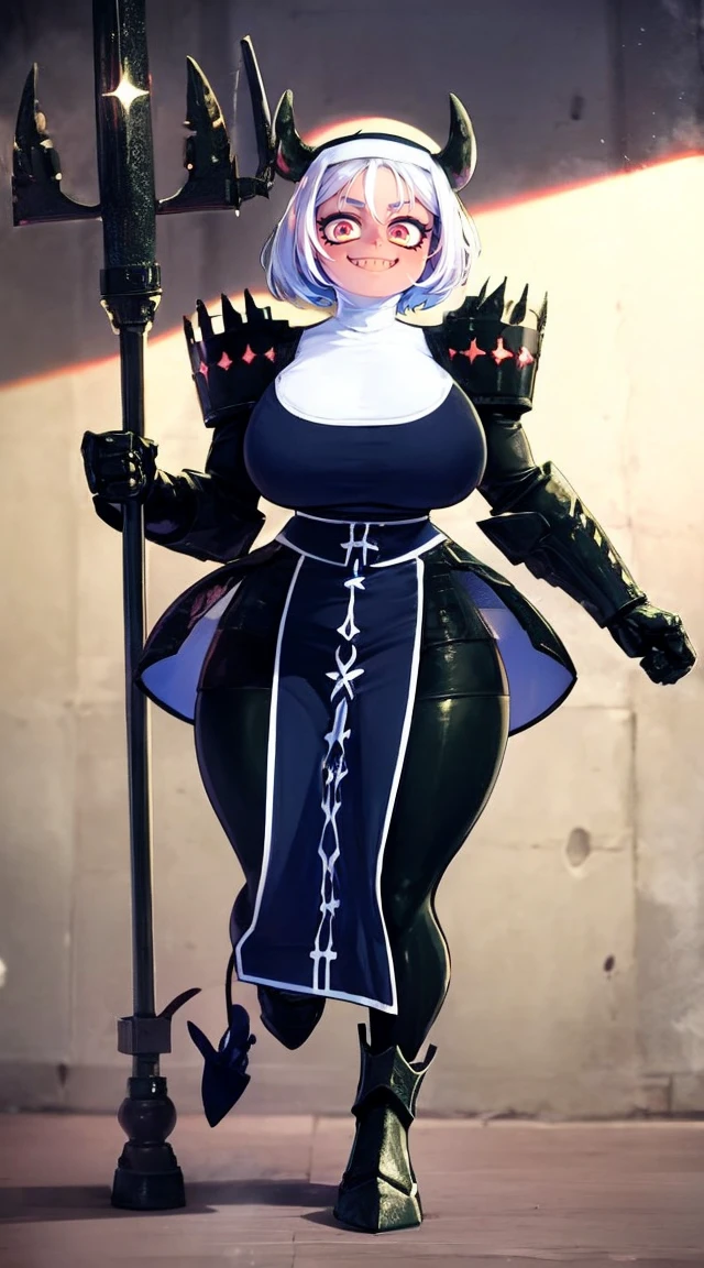 nun, demon girl, walking, , warpriesstes, silver hair, short hair, sacred gauntlets, long ski, cute smile, pure smile, love smile,,veillong skirt, pantyhose, staff holding, armor, gloves, standing, full body,sharpteeth,standing, full body, happy, joyfull