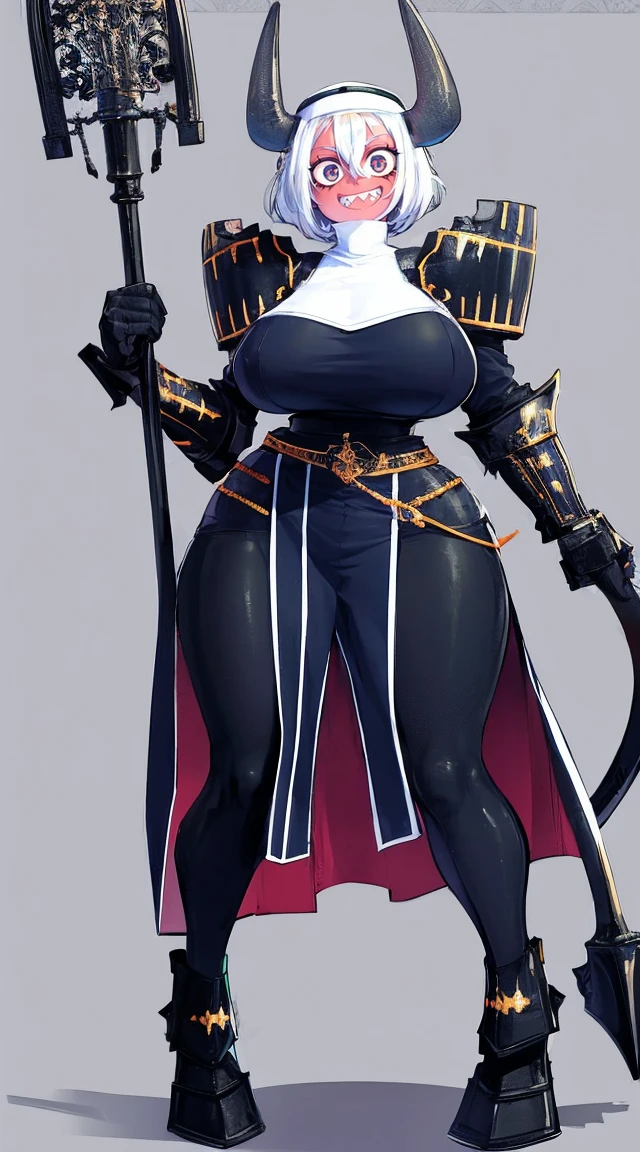 nun, demon girl, walking, , warpriesstes, silver hair, short hair, sacred gauntlets, long ski, cute smile, pure smile, love smile,,veillong skirt, pantyhose, staff holding, armor, gloves, standing, full body,sharpteeth,standing, full body, happy, joyfull