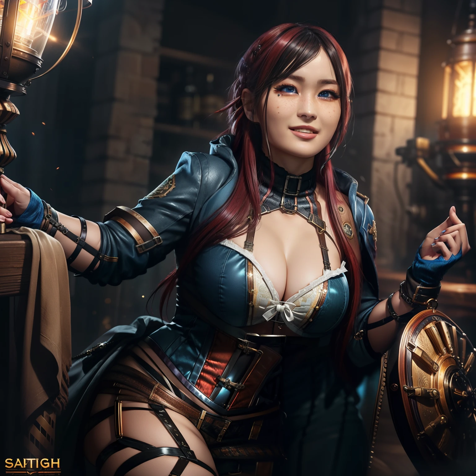 Materpiece, ultra detailed,  !(beautiful woman looks like Io Shirai), red hair, freckles, amazing body, pronounced feminine feature, epic realistic, award winning full body photo of ((a steampunk pirate)) in a wild west saloon,(red hair),((smiling)),((hour glass figure)),((cleavage)), ((corset with engrave in)), long coat,(time traveler weapon), ((steampunk weapon)), ((steampunk jewels)), western bar with many (gears) and (clocks), detailed intricate iris, (((detailed facial features))), (very detailed skin:1.2), (game concept:1.3), (depth of field:1.3), global illumination, backlighting, bloom, ((warm light)), sharp focus, photo realistic, detailed skin, background out of focus, cinematic composition , ultra-detailed, realistic , hyper-realistic , volumetric lighting, 8k, cinematic composition, trending on artstation, web uniform in red, blue and white colors, with red hair and (((blue eyes))),with sharp detail and realistic skin texture, resolution and cinematic composition quality, photorealistic lighting and cinematic lighting quality, (detailed skin, supple skin pores), perfect hands, beautiful fingers , (pale skin), [elvish], (((perfect big huge ass))), particle effects, subsurface scattering, cinematic lighting, shallow depth of field, volumetric shadows, [gloomy: vivid:16], (raytracing),  (intricately detailed, hyperdetailed), HDR, 4k resolution, (sharp focus), (y, ((tight clothes)), (slim clothes),  detailed eyes, waist up Intricate, big thighs