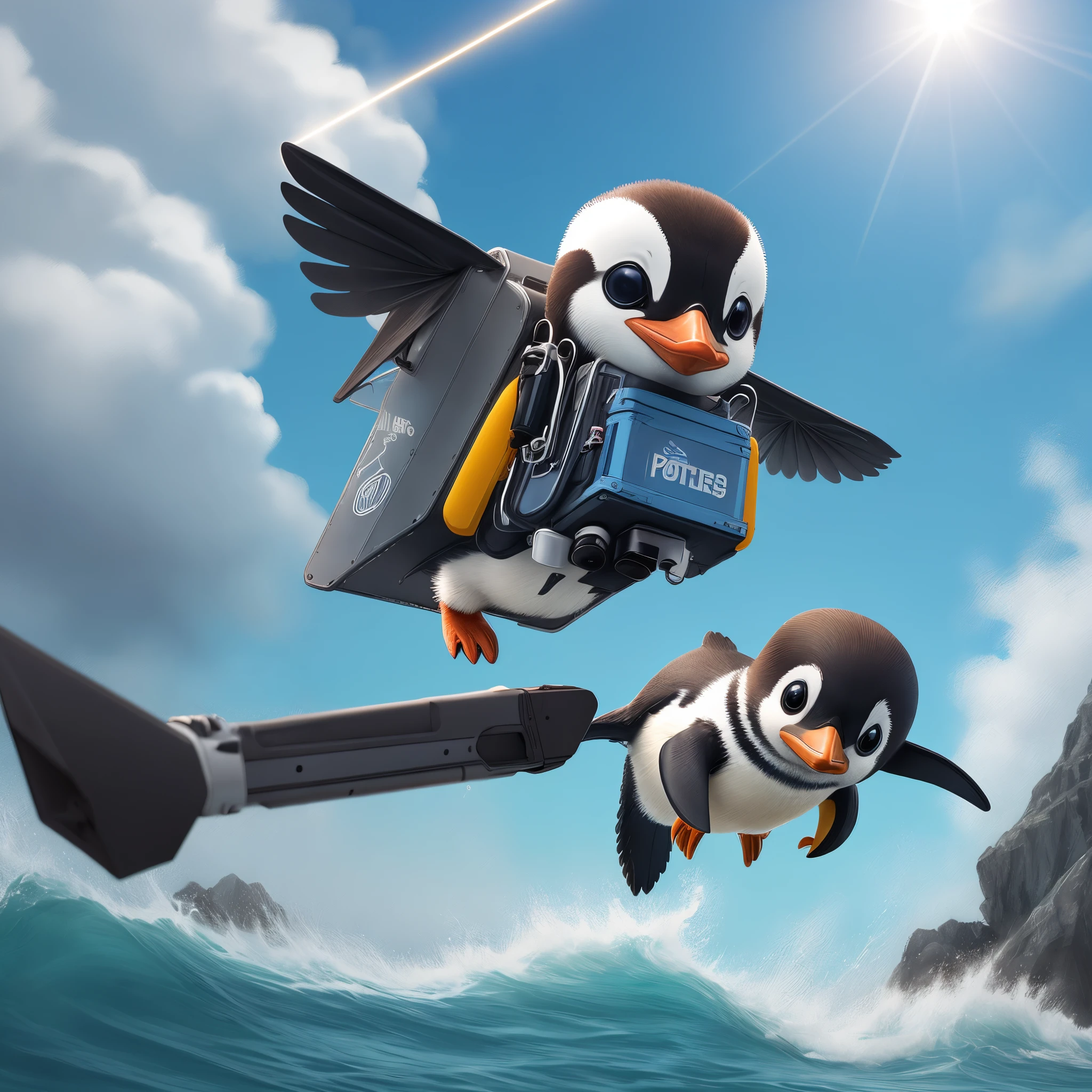 a cute penguin flying on a jetpack with a small laser gun