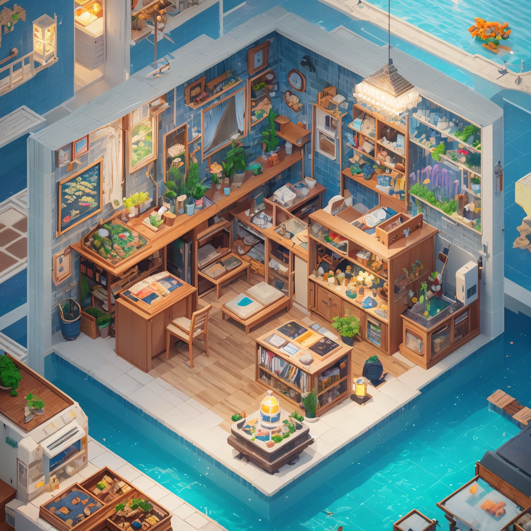 François Harald(François Harald)retro-futurism,aquariums,ocean water,seaweed,The fish,lamplight,warm,Adopt the style of isometric pixel art and pixel room generator --auto --s2