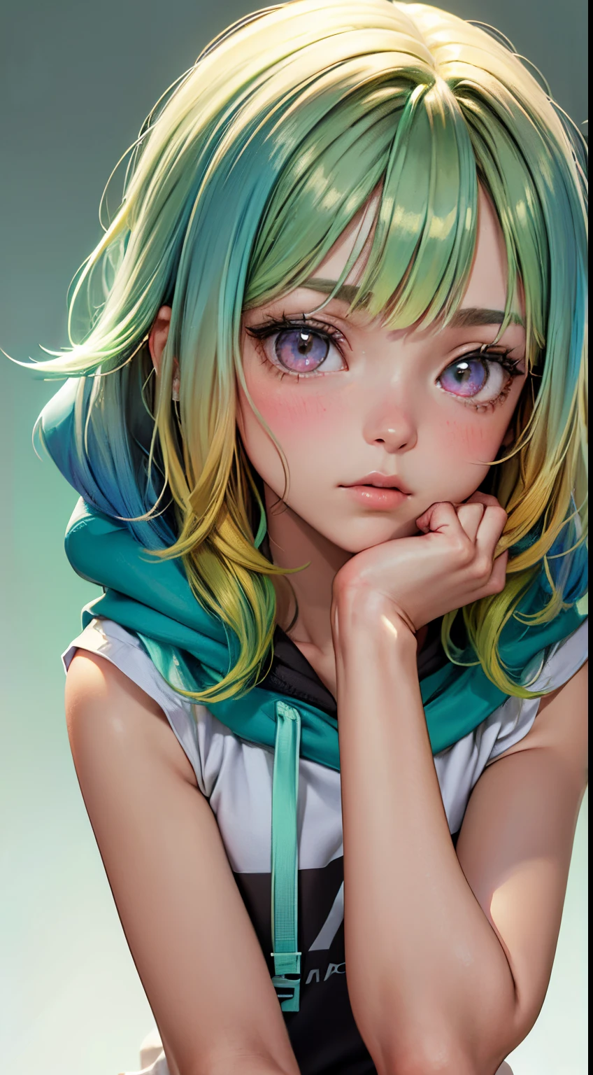 1girl in, Solo, Solo Focus, Cowboy Shot, Portrait, oversized hoodie, Aqua green and white hoodie, Half Aqua, Half Green, ((Brown hair)), (Yellow hair), (Gradient Hair :1.5), Curly hair, ((Pink eyes)), ultradetailed eyes, asa, (Caramel Black Skin:1.1), Best Quality, Ultra-detailed, White background, Simple background