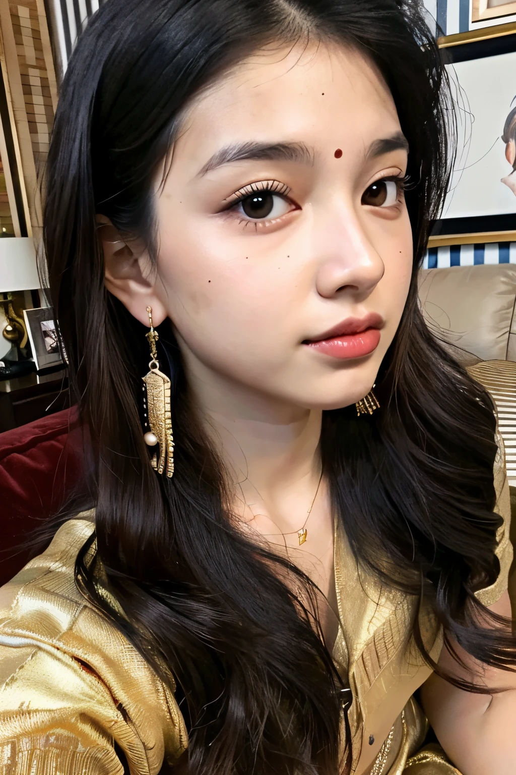 ((best quality)), ((masterpiece)), (detailed), perfect face, teenager 19 year old girl ,surreal, indian girl, (high resolution), (8K), ((extremely detailed)), (best illustration),beautiful detailed round eyes , (best quality), (super detailed), (masterpiece), (detailed face), best quality, big breasts ,wearing beautiful golden traditional , winter clothes , with beautiful earing, nose ring, Seductive body ,long black curly hair ,Super chic face detail, Super detailed lips)), ((Detailed eyes, in her room , standing ,on sofa,