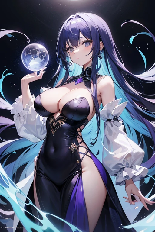 Obra maestra, La mejor calidad, 1girl, with long, iridescent hair in purple tones, azul, y verde, con un elegante traje negro, standing in a dramatic pose with one hand on the hip and the other holding a magic crystal ball. en segundo plano, A swirl of light and energy adds to the mysterious and enchanting atmosphere of the scene.. Cabello resplandeciente, sexy big breasts,sexy body,underboobs