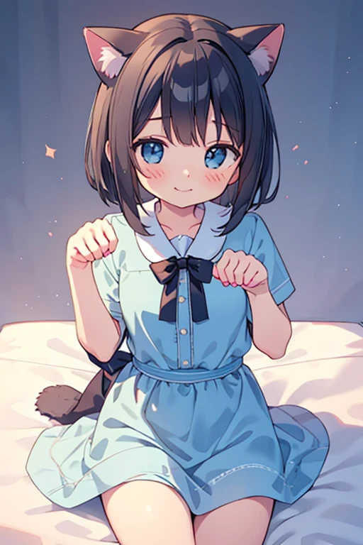 (​masterpiece、top-quality:1.5、a high chroma:1.5、ultra-detailliert、high-resolution illustrations:1.5、Ultra-high-definition CG、8k size wallpaper、offcial art)、(),(cute  face、:1.5)、(Self-righteous:1.3),
(cat kigurumi)、(Wearing a hood:1.5),(wariza：1.5),, (Large breasts)、
,((Positive 1.5)),(cowboy shot:1.5)、on the bed、girl with,  masutepiece,Cities