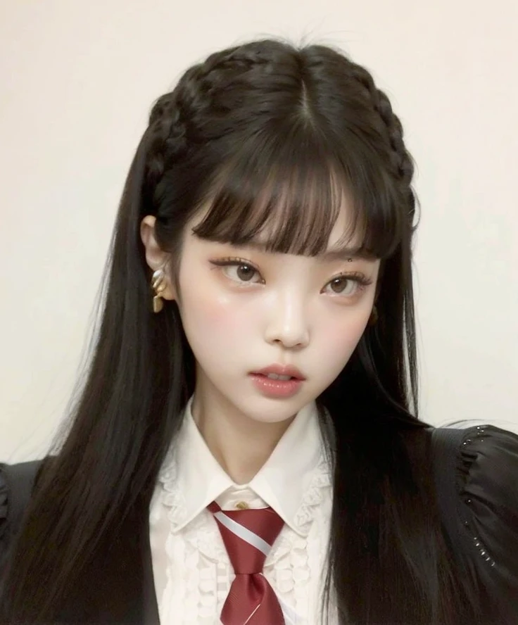 hay una mujer de pelo largo con corbata y traje, Ella tiene el pelo negro con flequillo, ulzzang, El Corte Hime, Cabello limpio con flequillo, con flequillo completo, Cabello negro Hime cortado, Peinado blanco de corte hime, con flequillo, cruel korean goth girl, Jossi de Blackpink, Kim Doyoung, Cabello largo con flequillo completo