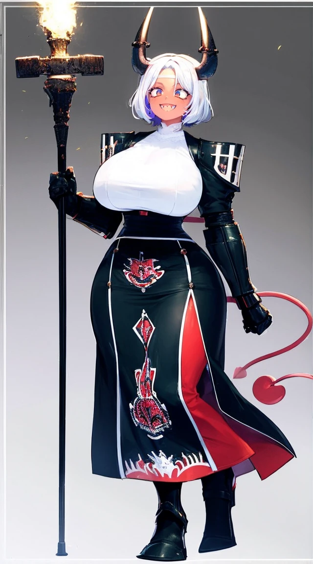 nun, demon girl, walking, , warpriesstes, silver hair, short hair, sacred gauntlets, long ski, cute smile, pure smile, love smile,,veillong skirt, pantyhose, staff holding, armor, gloves, standing, full body,sharpteeth,standing, full body, happy, joyfull