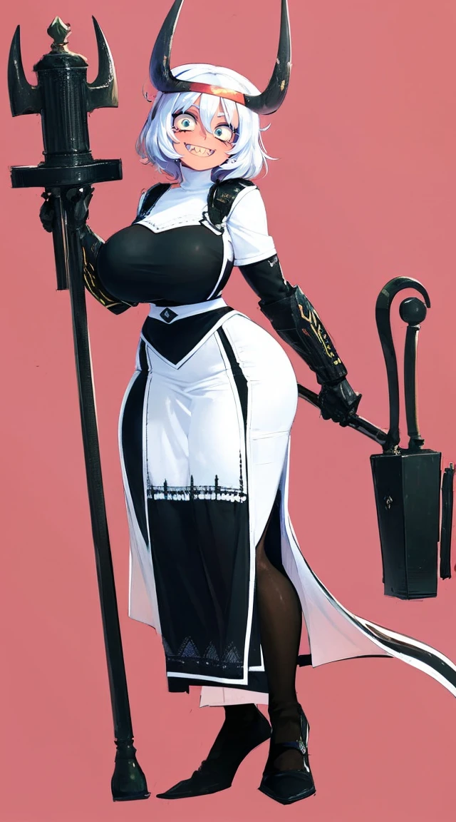 nun, demon girl, walking, , warpriesstes, silver hair, short hair, sacred gauntlets, long ski, cute smile, pure smile, love smile,,veillong skirt, pantyhose, staff holding, armor, gloves, standing, full body,sharpteeth,standing, full body, happy, joyfull