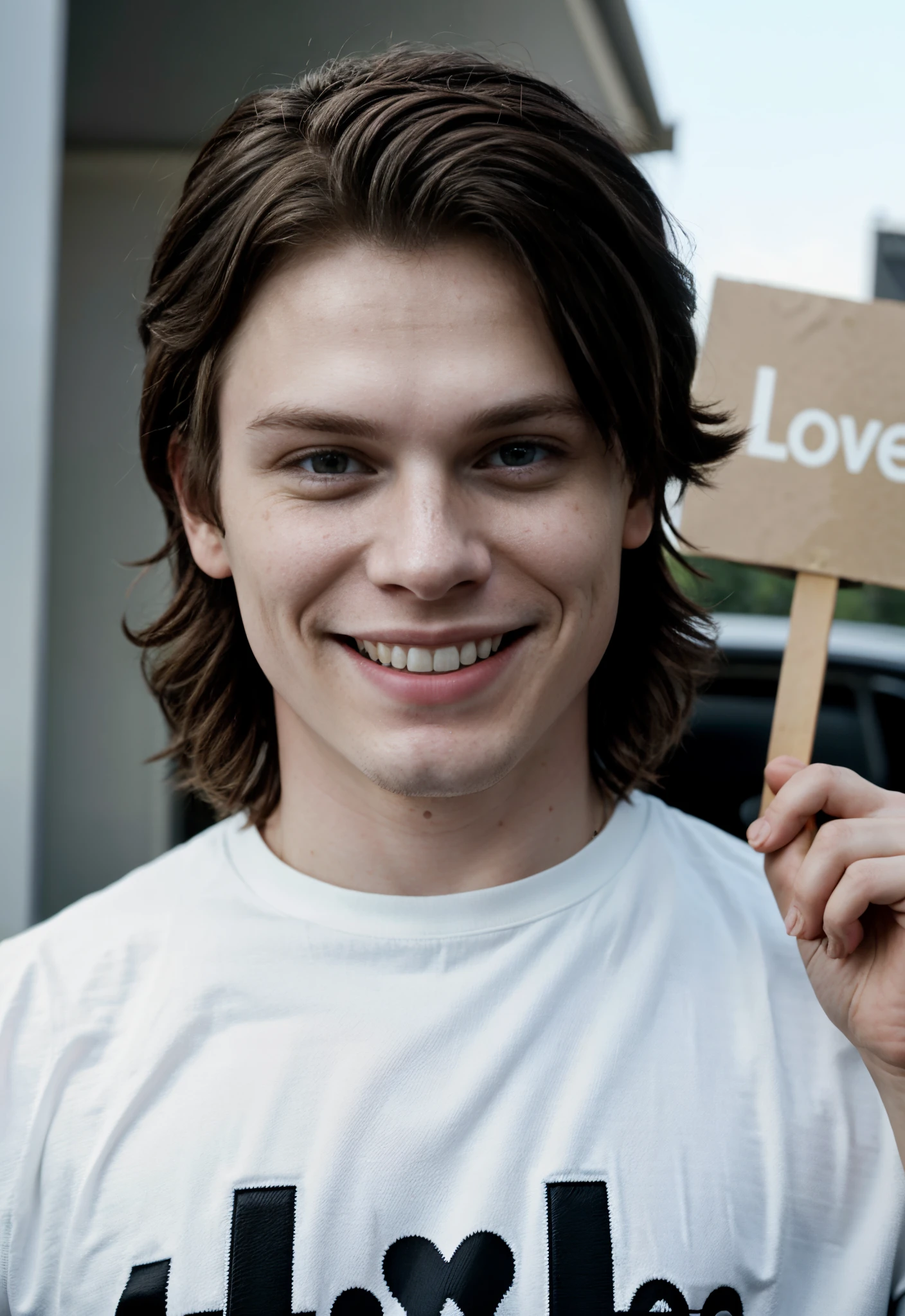 hyperrealistic image of the actor evan peters smiling, holding up a sign that says “i love corrina”