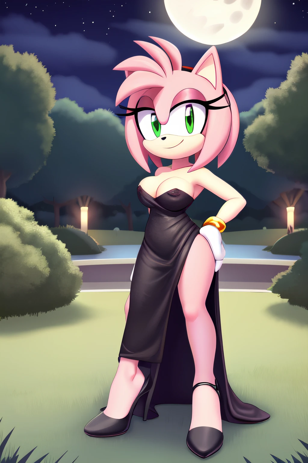 full body, Amy Rose, seductive, medium breast, bare shoulder, little black dress, strapless dress, short bodycon dress, skin-tight dress, black high heels, full moon, at night, park background, smile, hand on hip, 2D illustration