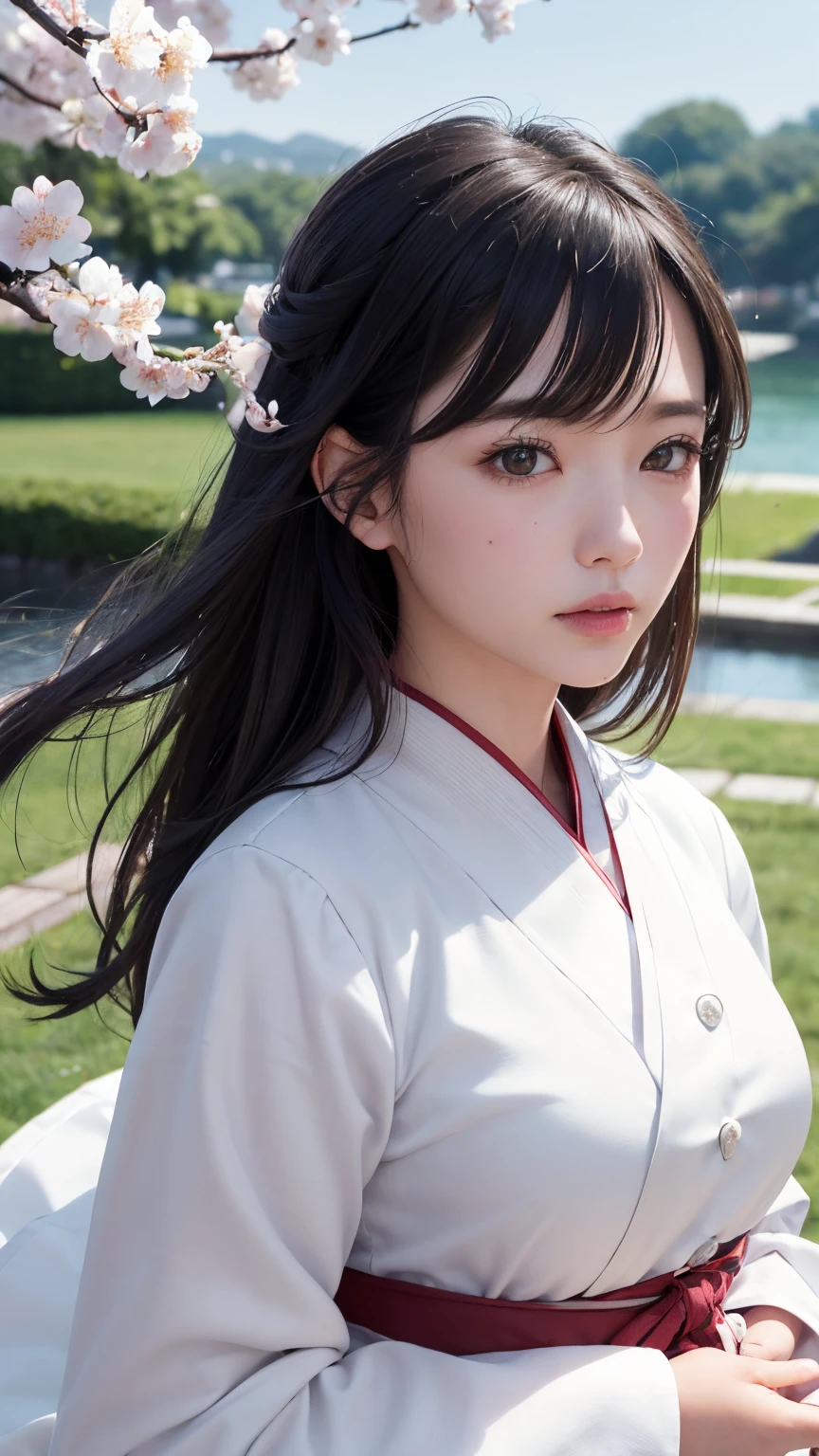 (A logo、​masterpiece、8K、masutepiece、Raw photo、Fantastic、Best Quality、Photorealistic、extremely detailed CG unified 8k wallpaper、hightquality、ighly detailed、epic poem、Particle effect、Dynamic effects、depth of fields、Cinematic Light、Lens Flare、Ray tracing)、Fantasia、 (Beauty 1 person、White Japanese Clothing、Japanese dress、White cherry blossom pattern、White cherry blossom embroidery pattern、A dark-haired、Beautiful face、Real Face、Beautiful detail eyes、Beautiful skin)、Hair flutters in the wind、Hair jumps、Pink cherry blossom tree、Petals flutter、Sakura blizzard、Superb view、morning glow、Sun in the background、the wind、Deities、tusk、myth、Vast Land、