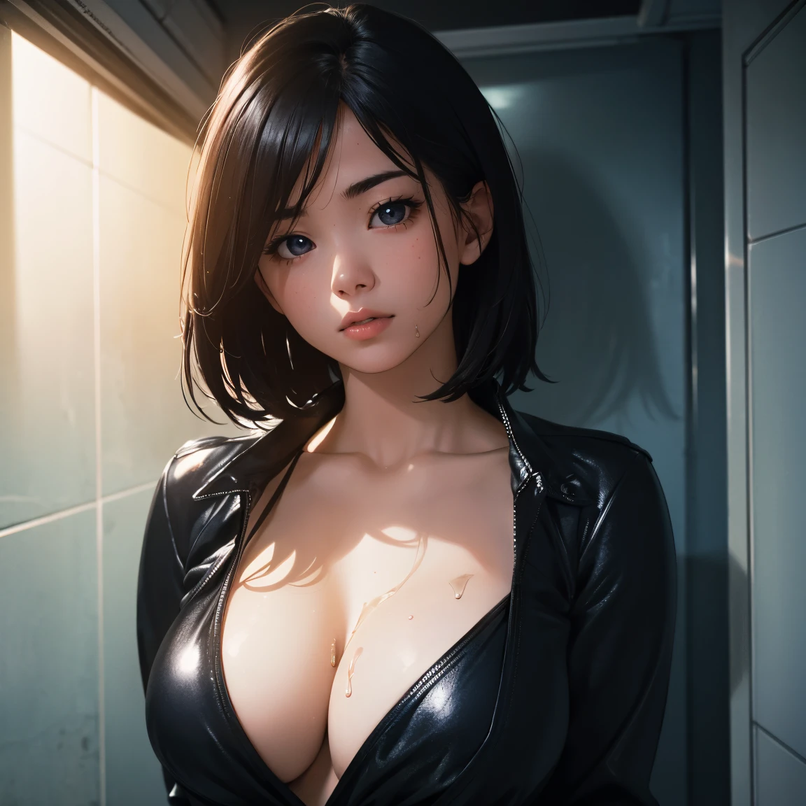 Best quality, masterpiece, ultra high res, (photorealistic:1.4), raw photo, 1girl, DARK hair, shiny skin, WET BODY, dramatic lighting, full body, bitch, micro bikini, huge breasts