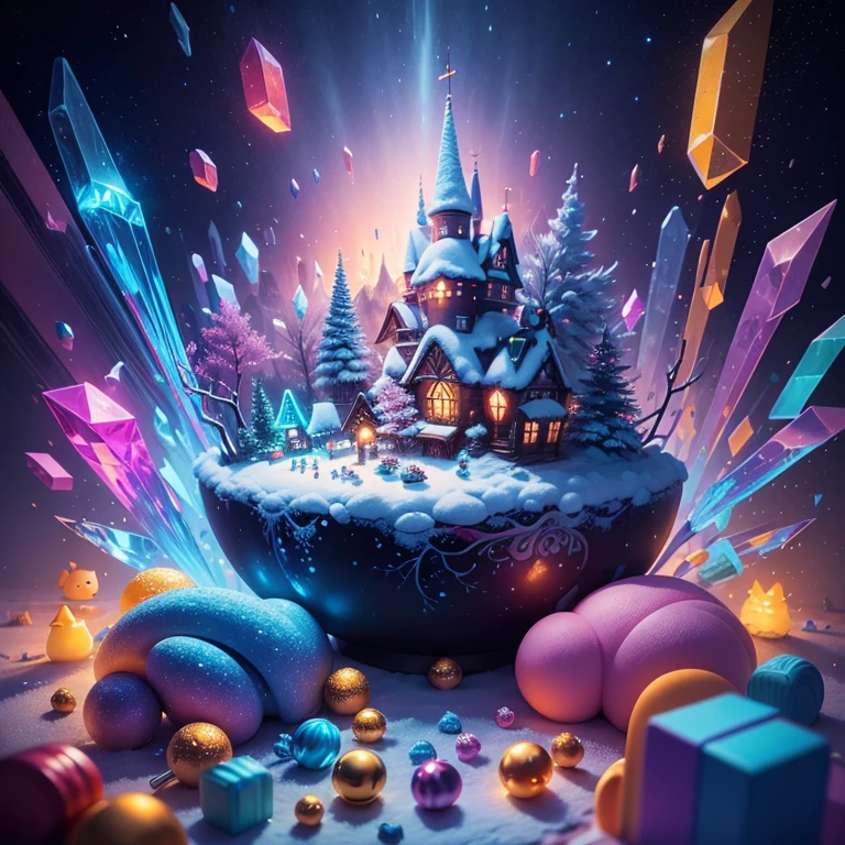 a close up of a poster with a snow scene and a mountain, vincent callebaut composition, winter concept art, by Jason Benjamin, award-winning concept art, award winning concept art, intricate and epic concept art, kilian eng and thomas kinkade, crystals enlight the scene, glinting particles of ice, intricate matte painting, beautifully illustratedm in a pile of candy and candy canes, cute colorful adorable, adorable digital painting, cute detailed digital art, hyper colorful, neon coloring, cute digital art, photo of a hamster, beeple colors, colorful hd picure, beeple and jeremiah ketner, glowing lights! digital painting, hamster, cute 3 d render