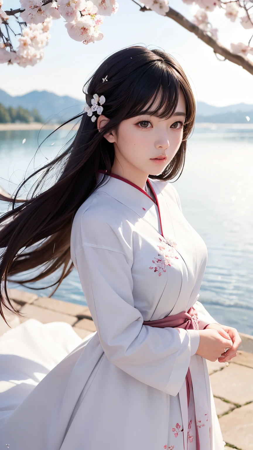 (A logo、​masterpiece、8K、masutepiece、Raw photo、Fantastic、Best Quality、Photorealistic、extremely detailed CG unified 8k wallpaper、hightquality、ighly detailed、epic poem、Particle effect、Dynamic effects、depth of fields、Cinematic Light、Lens Flare、Ray tracing)、Fantasia、 (Beauty 1 person、White Japanese Clothing、Japanese dress、White cherry blossom pattern、White cherry blossom embroidery pattern、A dark-haired、Beautiful face、Real Face、Beautiful detail eyes、Beautiful skin)、Hair flutters in the wind、Hair jumps、Pink cherry blossom tree、Petals flutter、Sakura blizzard、Superb view、morning glow、Sun in the background、the wind、Deities、tusk、myth、Vast Land、
