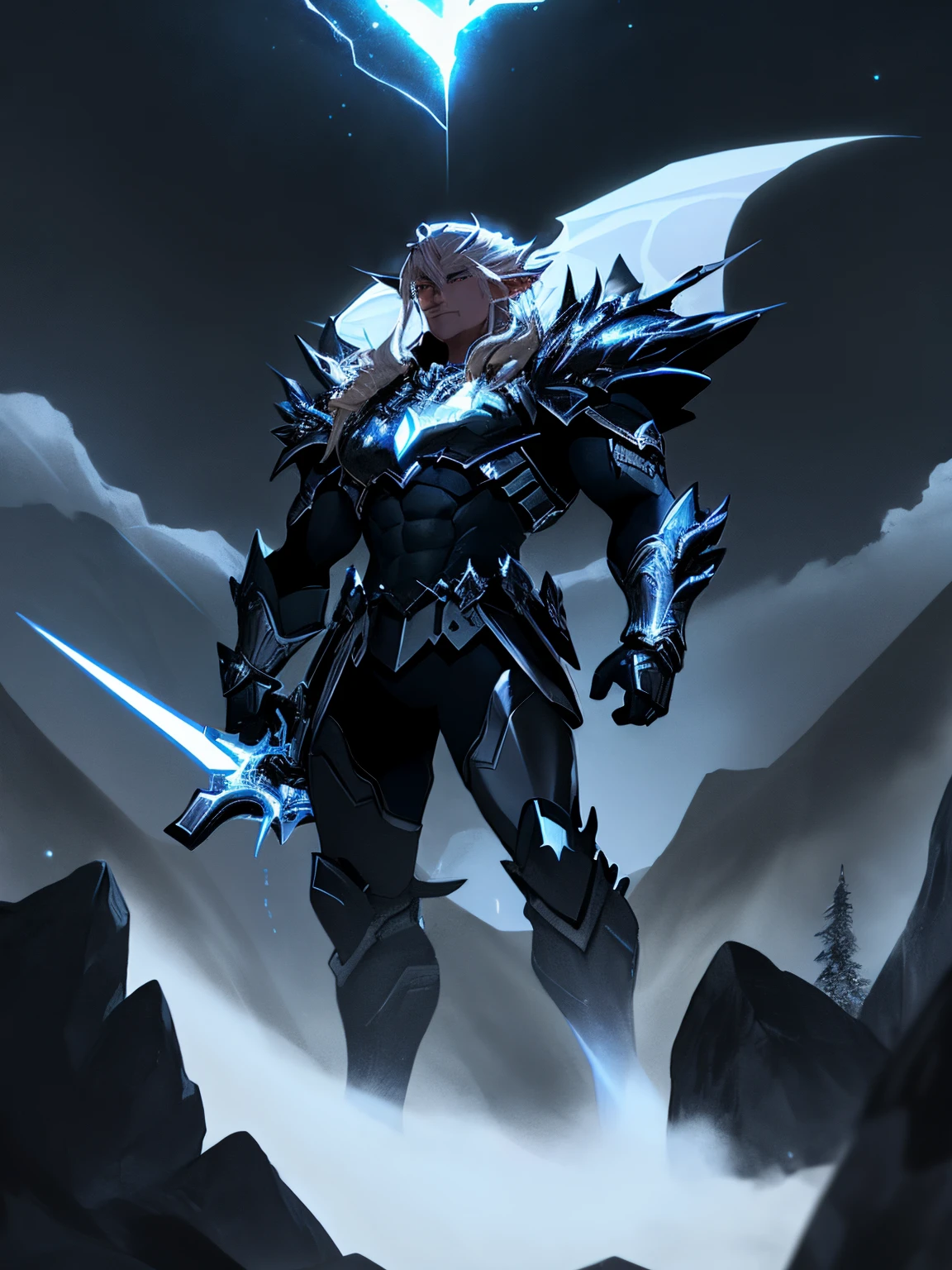 A very attractive muscular male elf with a tone, perfectly proportioned muscular body, with luminous golden hair and golden eyes that resemble those of a dragon, standing at a height of 2 meters. He wears armor made of unrefined black crystals that appear to contain a galaxy within, fitting his body. Adopt a heroic pose, Look down from the top of a mountain with a serene gaze, while watching an army of demons on the slopes of the mountain. In his right hand, Grab a crimson-bladed claymore sword with a white hilt. 4k, Kinematic, luci, Detailed face.