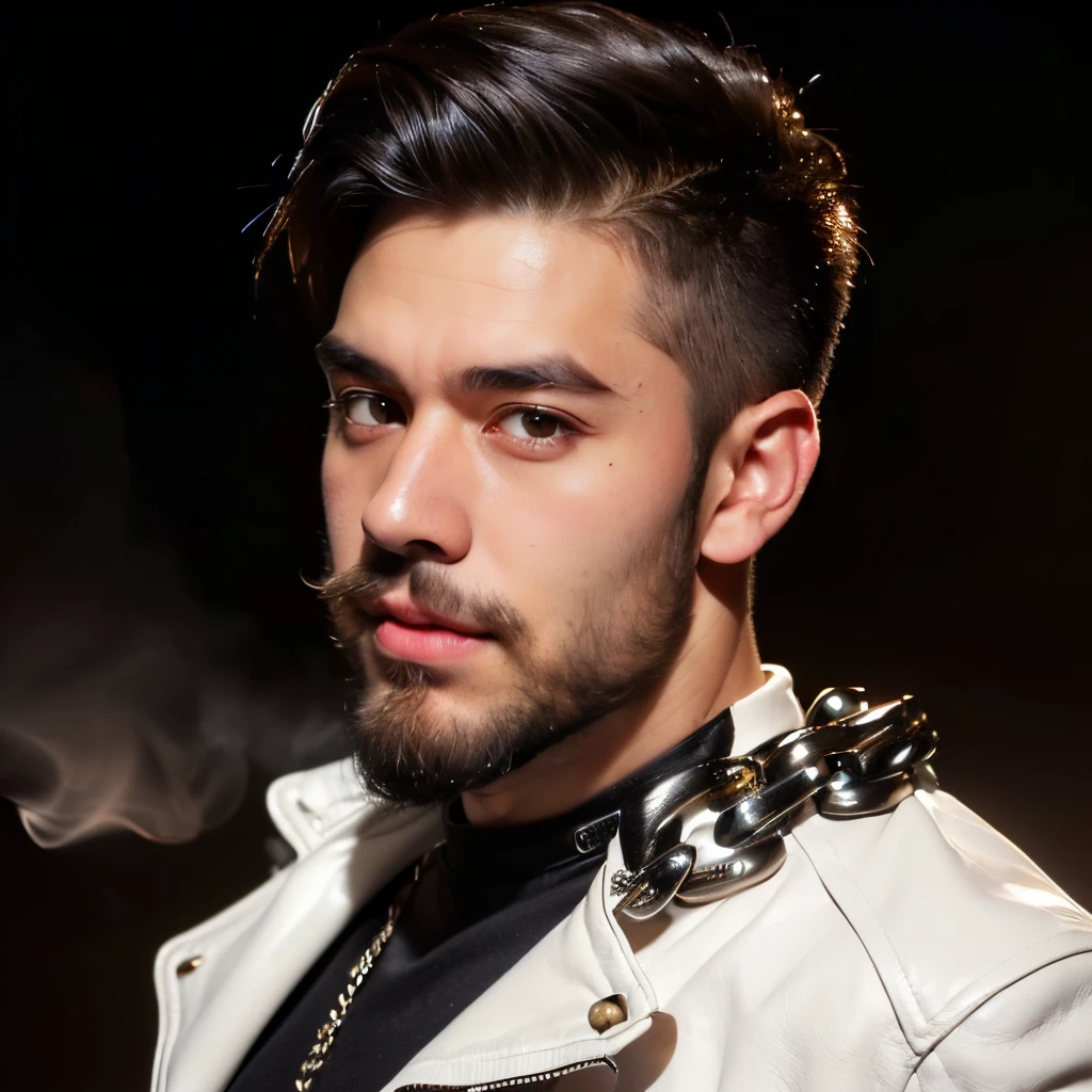 ((masterpiece)), 8k cg, best quality, intricate details, chromatic aberration, close up, ((bust shot)), ((looking at the viewer)), realism, 1man, (((background(((dark background)), fire, fog)), Puerto Rican, young face, skinny face, muscular face, facial hair, stubble, (((full beard))), wide jaw, square face, mature face, chiseled face, smile, closed mouth, (((brown eyes))), short hair((black hair)), (ghost rider, shiny leather jacket, white shirt, chains), (Pedro Capo), muscular body