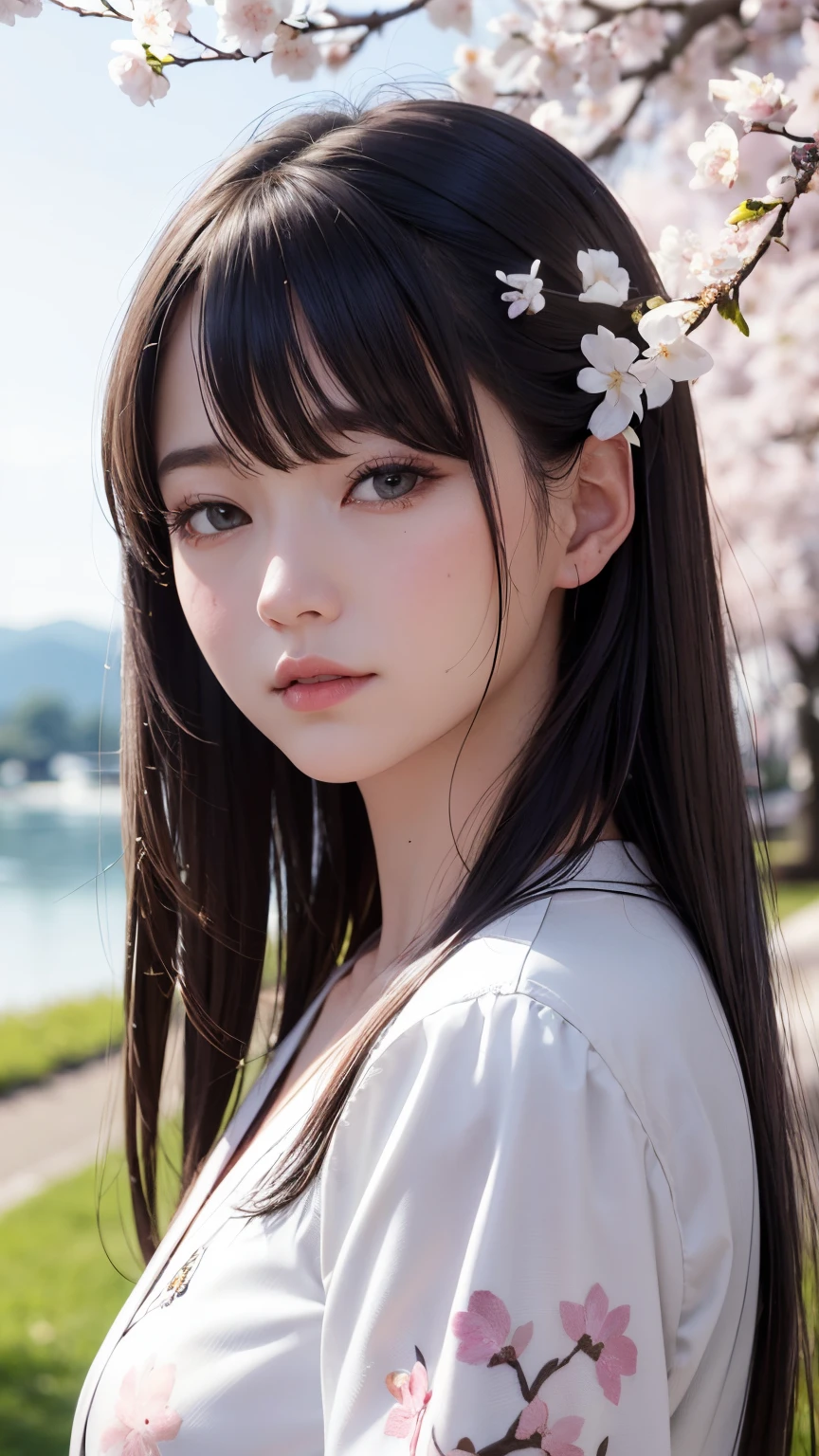 (A logo、masterpiece、8K、masutepiece、Raw photo、Fantastic、Best Quality、Photorealistic、extremely detailed CG unified 8k wallpaper、hightquality、ighly detailed、epic poem、Particle effect、Dynamic effects、depth of fields、Cinematic Light、Lens Flare、Ray tracing)、Fantasia、 (Beauty 1 person、White Japanese Clothing、Japanese dress、White cherry blossom pattern、White cherry blossom embroidery pattern、A dark-haired、Beautiful face、Real Face、Beautiful detail eyes、Beautiful skin)、Hair flutters in the wind、Hair jumps、Pink cherry blossom tree、Petals flutter、Sakura blizzard、Superb view、morning glow、Sun in the background、the wind、Deities、tusk、myth、Vast Land、