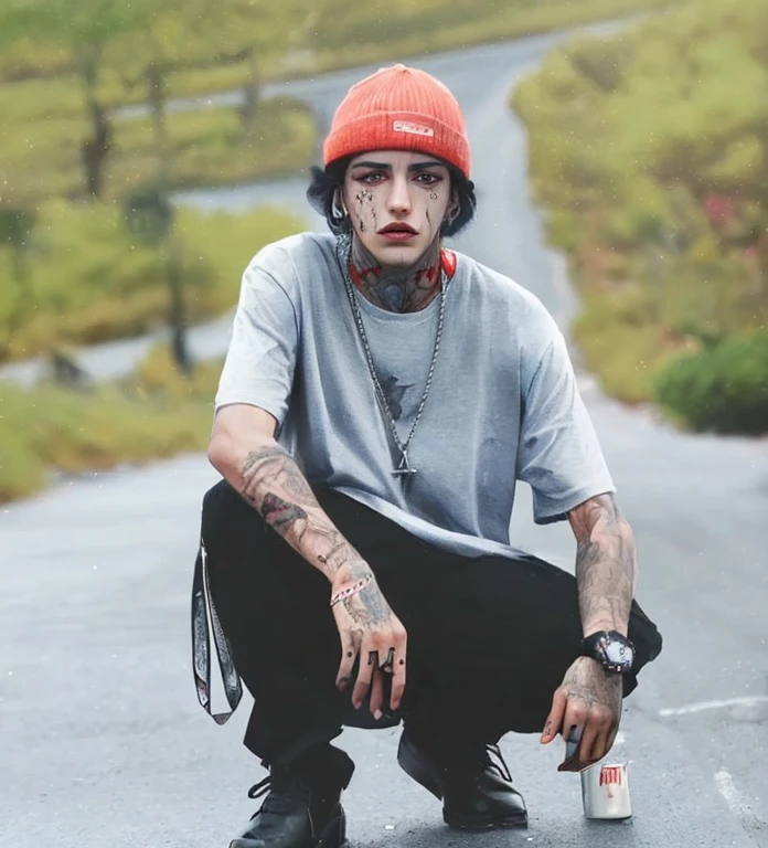 sharp man with red hat crouching on a road, Estilo de Seb McKinnon, Lil Peep, Deiv Calviz, Tony Sandoval, Sul, cool looking, xxxtentacion, Nick Drnaso, Asher Duran, oficial, taken in the early 2020s, foto de perfil, Nick Silva, wearing a chocker and cute hat, goodlooking