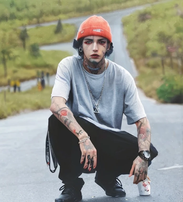 sharp man with red hat crouching on a road, Estilo de Seb McKinnon, Lil Peep, Deiv Calviz, Tony Sandoval, Sul, cool looking, xxxtentacion, Nick Drnaso, Asher Duran, oficial, taken in the early 2020s, foto de perfil, Nick Silva, wearing a chocker and cute hat, goodlooking