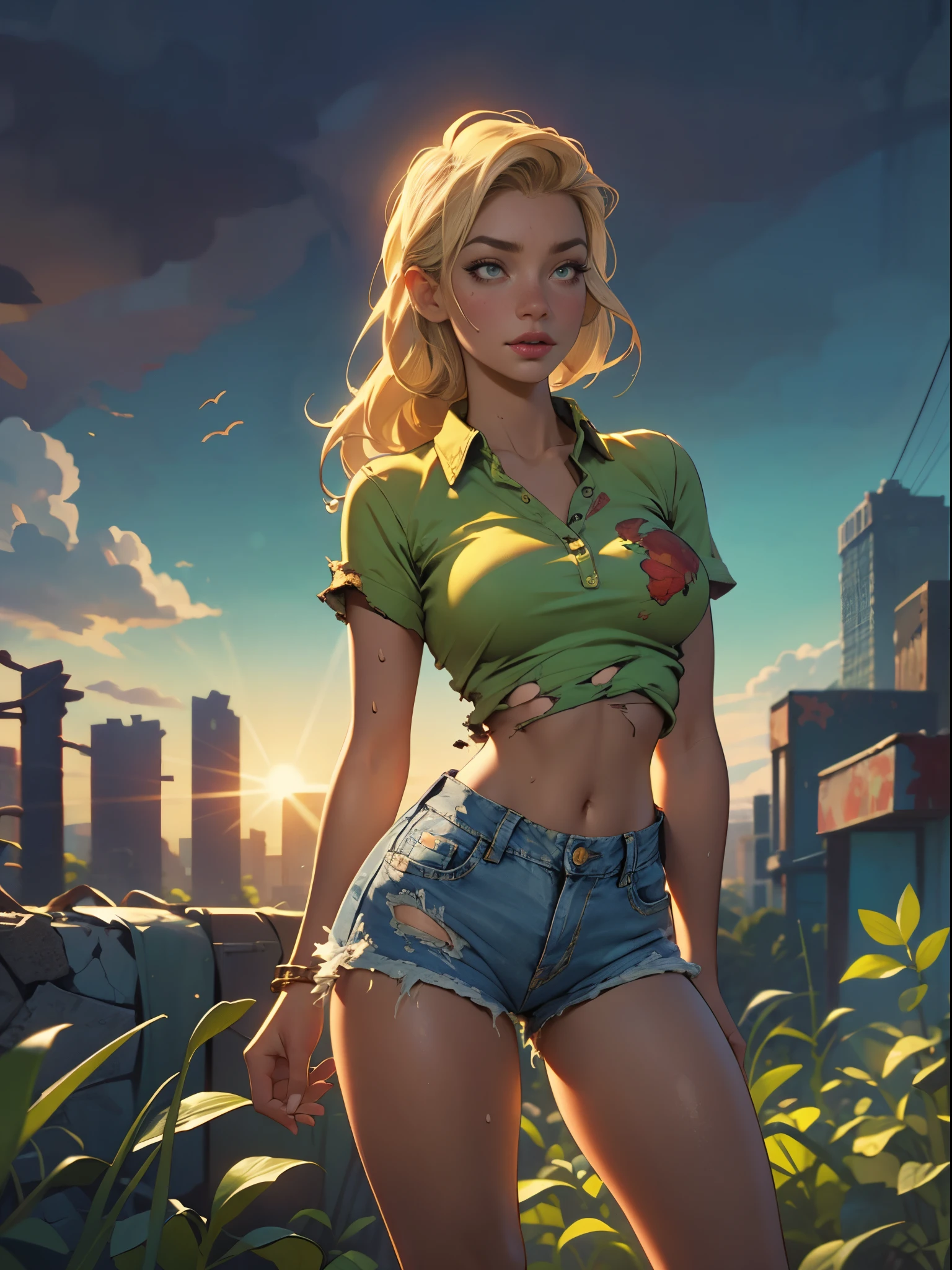 2076 year. The Urban Ruins of the Wasteland, Female huntress picking fruit in the garden, beautiful face, blonde, badly torn shirt and denim shorts , long legs, sweating through, sun rising, Nice warm colors, head to toe, full body shot, pretty hands, perfect fingers,