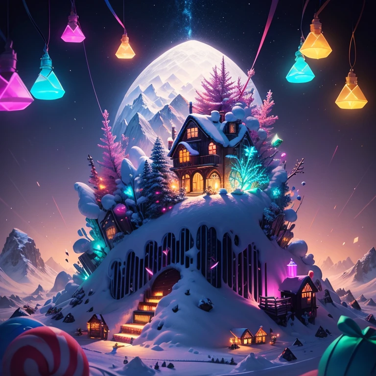 a close up of a poster with a snow scene and a mountain, vincent callebaut composition, winter concept art, by Jason Benjamin, award-winning concept art, award winning concept art, intricate and epic concept art, kilian eng and thomas kinkade, crystals enlight the scene, glinting particles of ice, intricate matte painting, beautifully illustratedm in a pile of candy and candy canes, cute colorful adorable, adorable digital painting, cute detailed digital art, hyper colorful, neon coloring, cute digital art, photo of a hamster, beeple colors, colorful hd picure, beeple and jeremiah ketner, glowing lights! digital painting, hamster, cute 3 d render