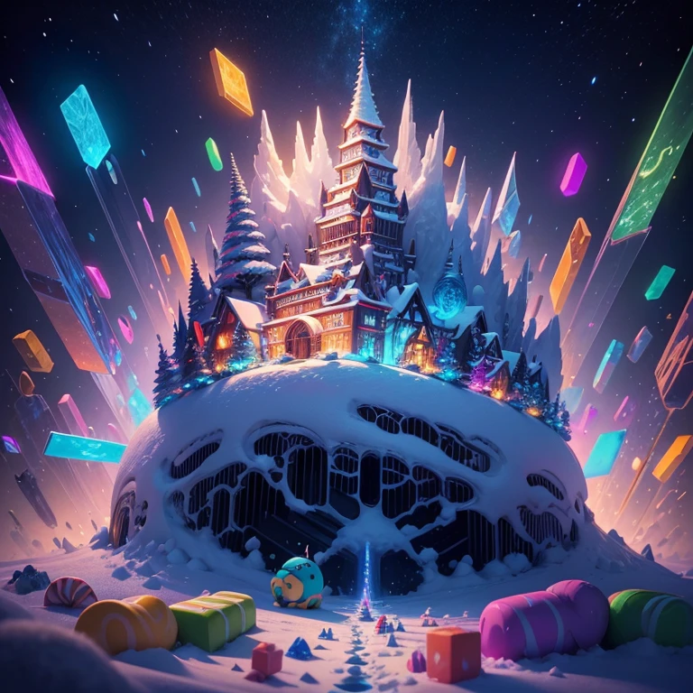 a close up of a poster with a snow scene and a mountain, vincent callebaut composition, winter concept art, by Jason Benjamin, award-winning concept art, award winning concept art, intricate and epic concept art, kilian eng and thomas kinkade, crystals enlight the scene, glinting particles of ice, intricate matte painting, beautifully illustratedm in a pile of candy and candy canes, cute colorful adorable, adorable digital painting, cute detailed digital art, hyper colorful, neon coloring, cute digital art, photo of a hamster, beeple colors, colorful hd picure, beeple and jeremiah ketner, glowing lights! digital painting, hamster, cute 3 d render