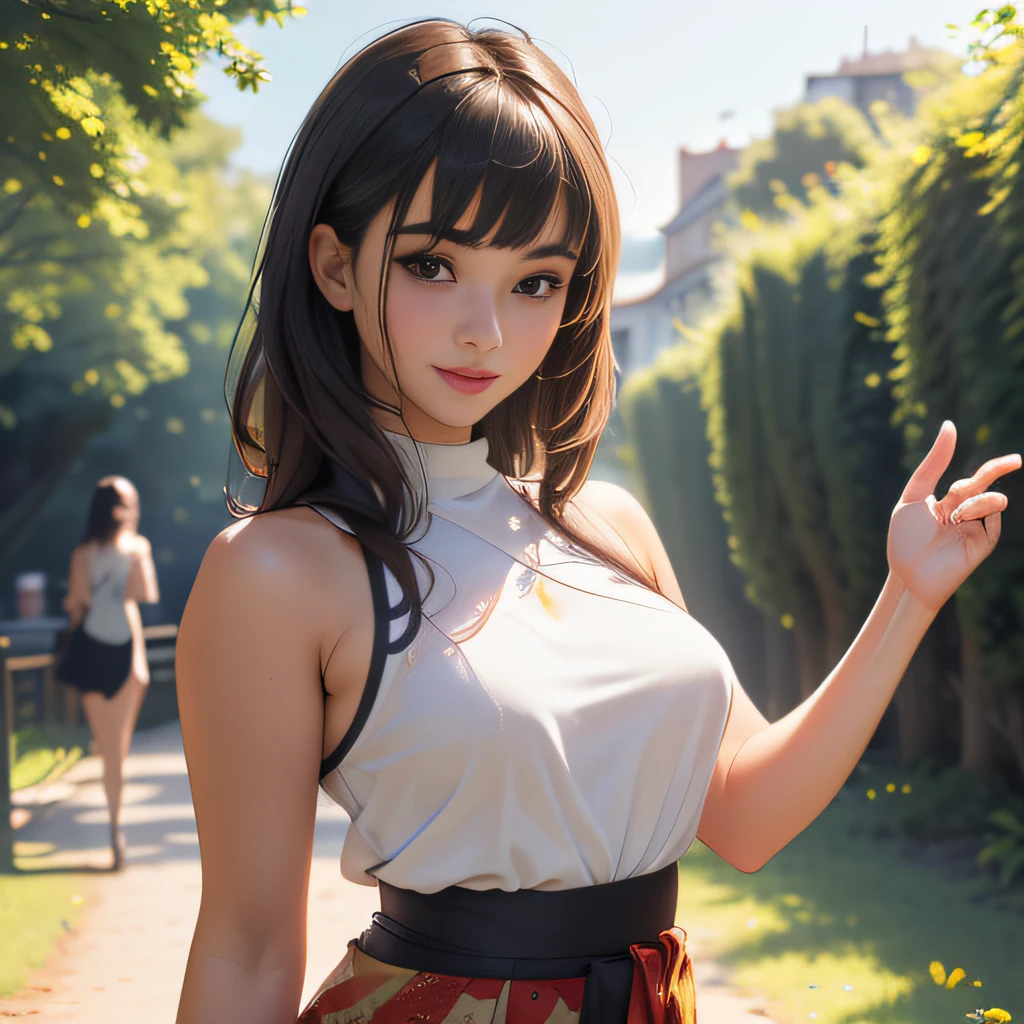 (Extremely detailed 8k wallpaper:2), (photo:2), (soigne Beautiful girl:2), (gives a lecture to friends:2), detailed (Face and eyes), (hyper realistic:1), (highly detailed:1), (epic realistic:1), rim light, (maximum details:1), cozy, (fullbody:1.3), (looking at viewer:2), (Woman's Attractive Qualities:2), (Attractive Woman:2), (Attractive:2), Smile, Intelligence, Empathy, Gracefulness, Sense of Style, Fitness, Grooming, Optimism, (Sensitivity:2), Sincerity, Romantic Gestures, Playfulness, Fashion Sense, (Sensuality:2), Charm, Modesty, Thoughtfulness, (Femininity:1), Flirtatiousness, Warmth, (Physical attractiveness:2), A beautiful smile, A love of life, strength and power, vulnerability, curiosity, wonder, love, (nature background:2), kawaii, waifu, Beautiful breasts, (attractive body:2), (Beautiful body:2), Beautiful pose, attractive pose, (Beautiful legs:1.0), (spread legs:1.0), (Beautiful clothes:1), (classic clothes:2), (elegant clothes:2), (European clothes:2), detailed clothes, (skirt:1), (blouse:1), (provocative pose)