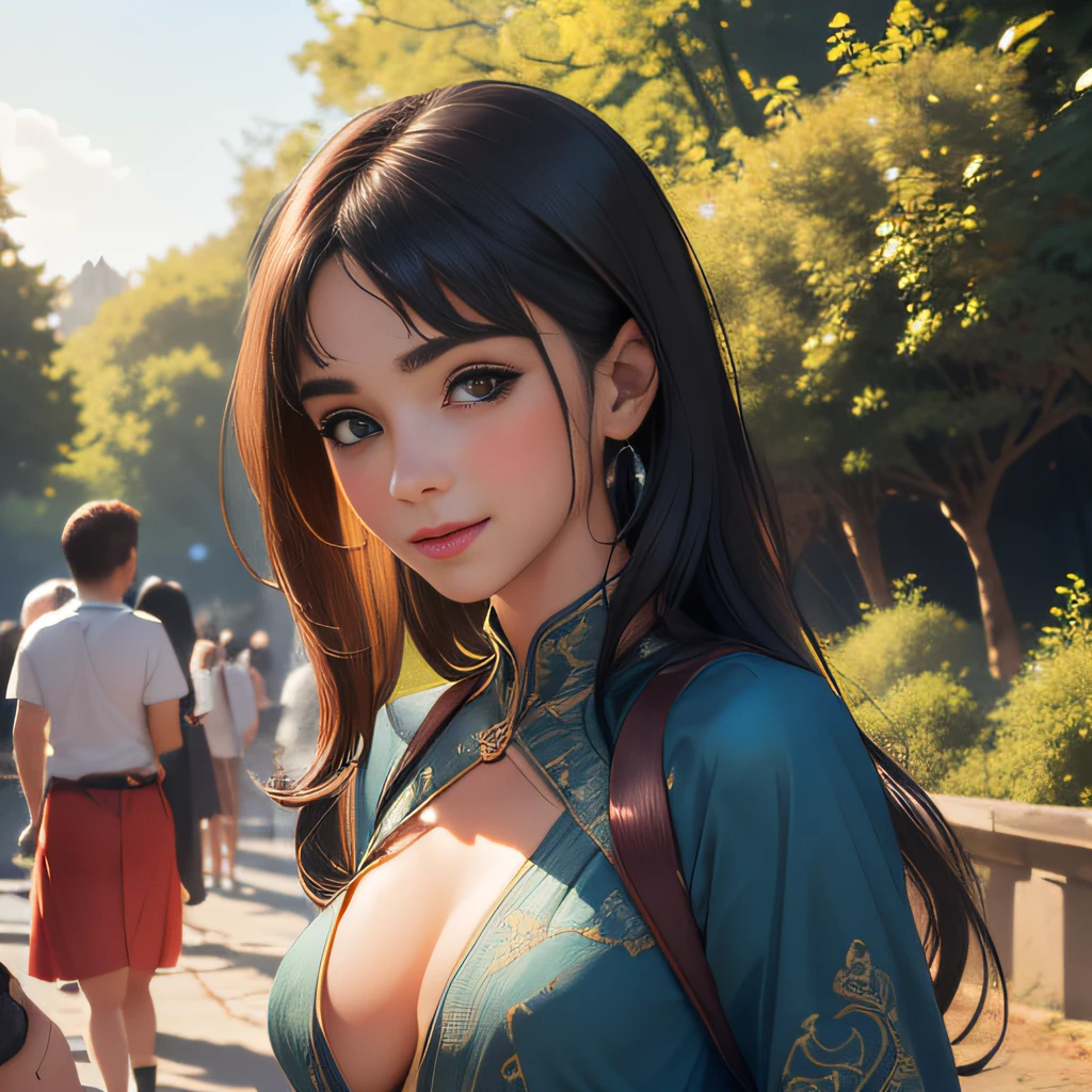 (extremely detailed 8K wallpaper:2), (photo:2), (26 years old Xuan Beautiful girl:2), (gives a lecture to friends:2), Detailed (Face & Eyes), (hyper realistic:1), (Highly detailed:1), (Epic Realistic:1), rim light, (Maximum details:1), Cosy, (body complet:1.3), (looking a viewer:2), (Attractive qualities of a woman:2), (attractive female:2), (Attractive:2), Smile, intelligence, sympathy, Grace, A sense of style, Fitness, Care, optimism, (sensitivity:2), frankness, Romantic gestures, playfulness, Fashion Sense, (sensuality:2), charm, modesty, Thoughtfulness, (femininity:1), flirtatiousness, warmth, (Physical Attractiveness:2), beautiful smile, Love of Life, Strength and power, Vulnerability, curiosity, wonder, Love, (Nature's prehistory:2), Kawaii, waifu, beautiful breasts, (attractive body:2), (handsome body:2), BEAUTIFUL POSE, attractive pose, (nice feet:1.0), (beautiful clothing:1), (Classic clothes:2), (elegant clothing:2), (European Clothing:2), detailed clothes, (upskirt:1), (blouse:1), (provocative pose)