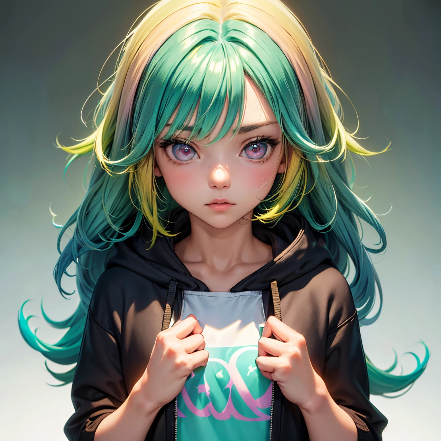 1girl in, Solo, Solo Focus, Cowboy Shot, Portrait, oversized hoodie, Aqua green and white hoodie, Half Aqua, Half Green, ((Brown hair)), (Yellow hair), (Gradient Hair :1.5), Curly hair, ((Pink eyes)), ultradetailed eyes, asa, (Caramel Black Skin:1.1), Best Quality, Ultra-detailed, White background, Simple background