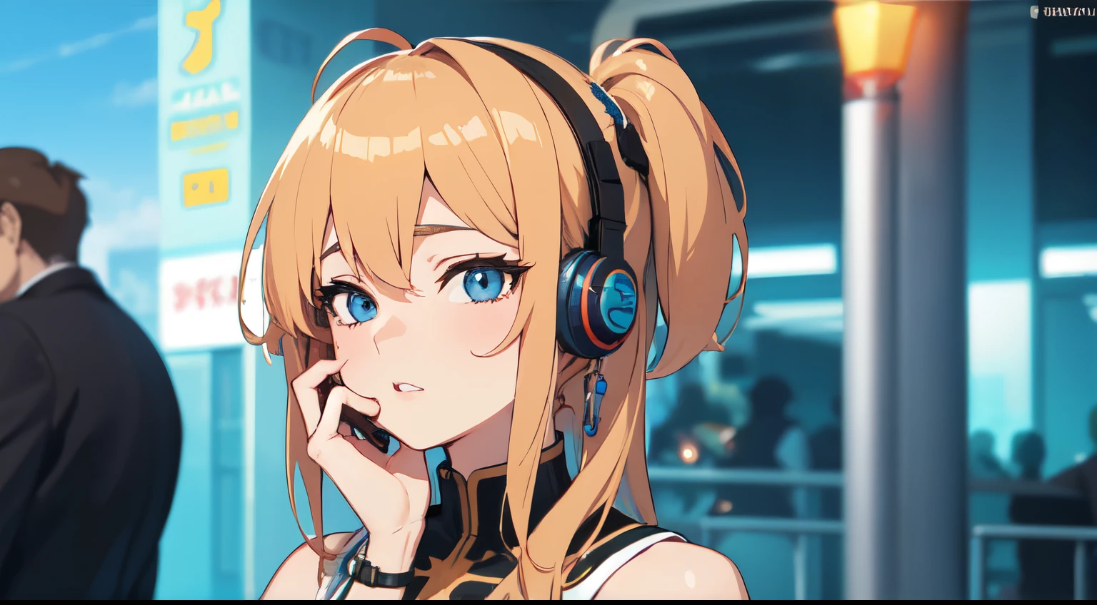 Garota Sexy com fones de ouvido, 2D anime with hand on face, rosto fofo, fanfic, Party Scene