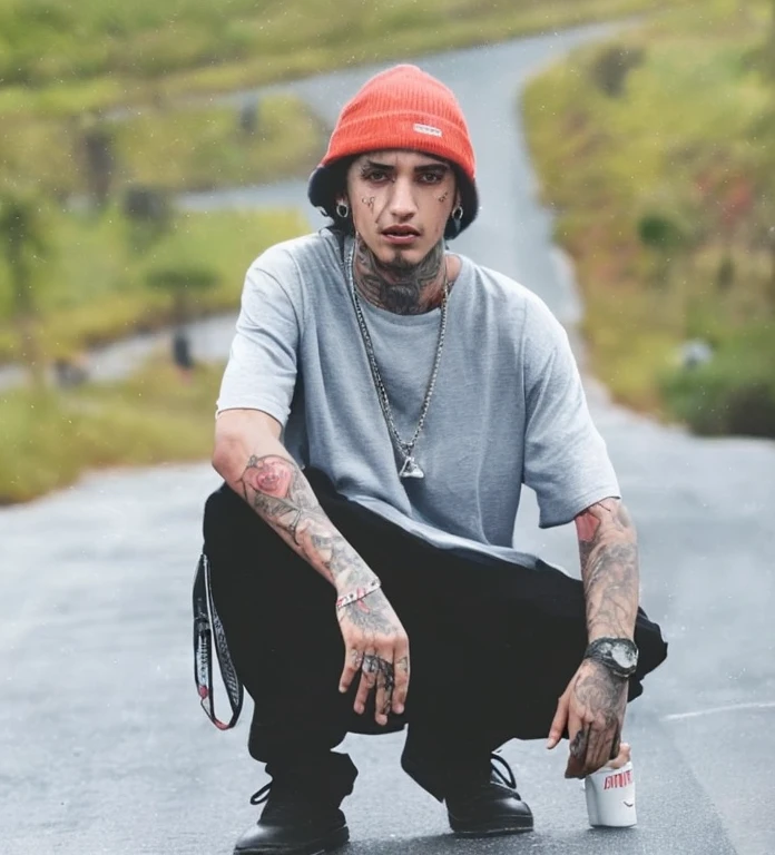 sharp man with red hat crouching on a road, Estilo de Seb McKinnon, Lil Peep, Deiv Calviz, Tony Sandoval, Sul, cool looking, xxxtentacion, Nick Drnaso, Asher Duran, oficial, foto de perfil, taken in the early 2020s, Nick Silva, wearing a chocker and cute hat, goodlooking