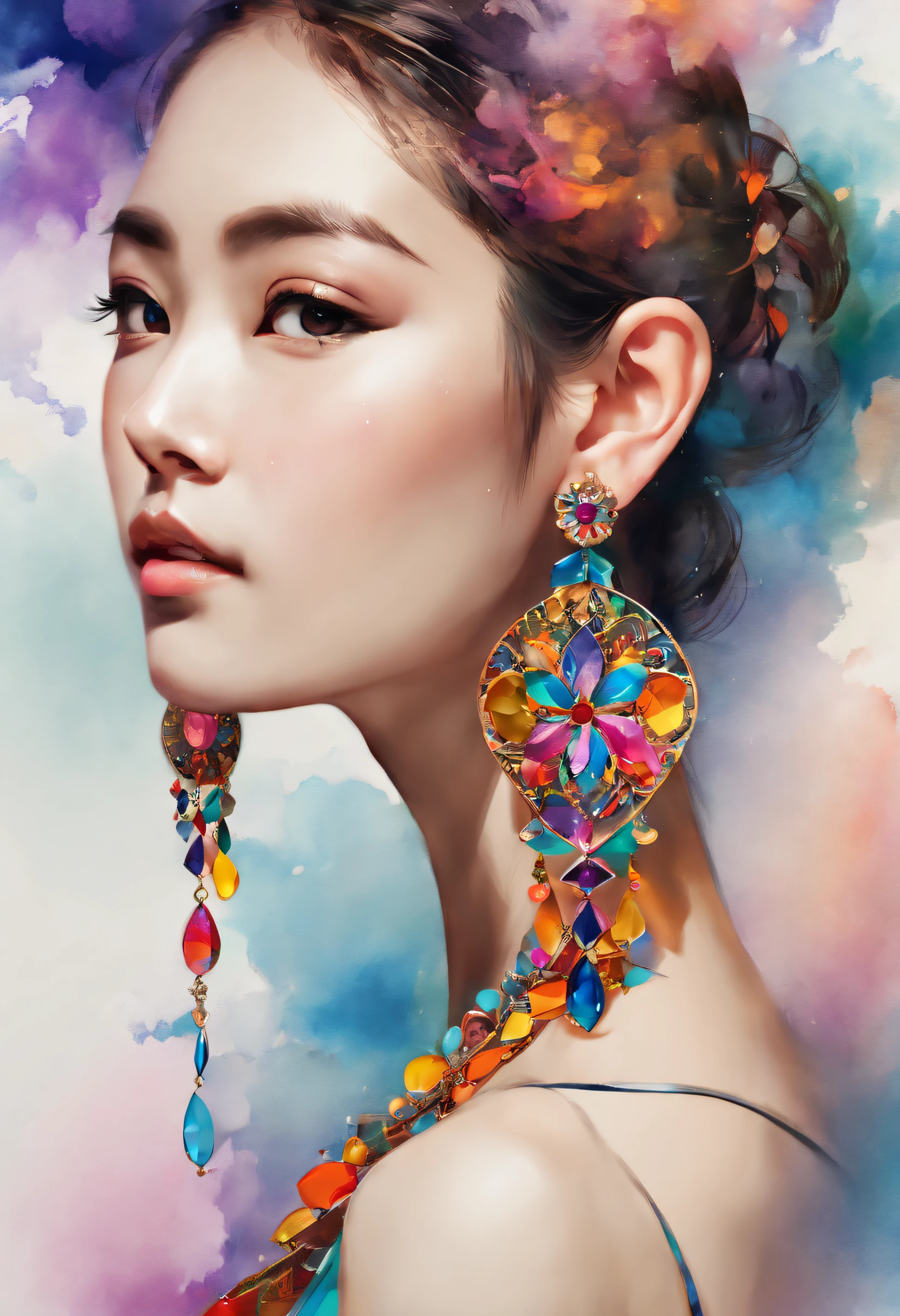 (Visual Opulence, Supreme Quality, Unrivaled Artistry, Officially Recognized Art, Aesthetic Marvel: 1.2), (Single Female Subject: 1.3), Unbelievably Detailed, (Fractal Flourish: 1.1), (Vivid Colors: 1.1), Pinnacle Detail Precision, (Zentangle Brilliance: 1.2), (Dynamic Elegance), (Abstract Splendor: 1.5), (Japanese Elegance: 1.2), (Shimmering Skin), (Multifarious Colors: 1.4), (Exquisite Earrings: 1.4).