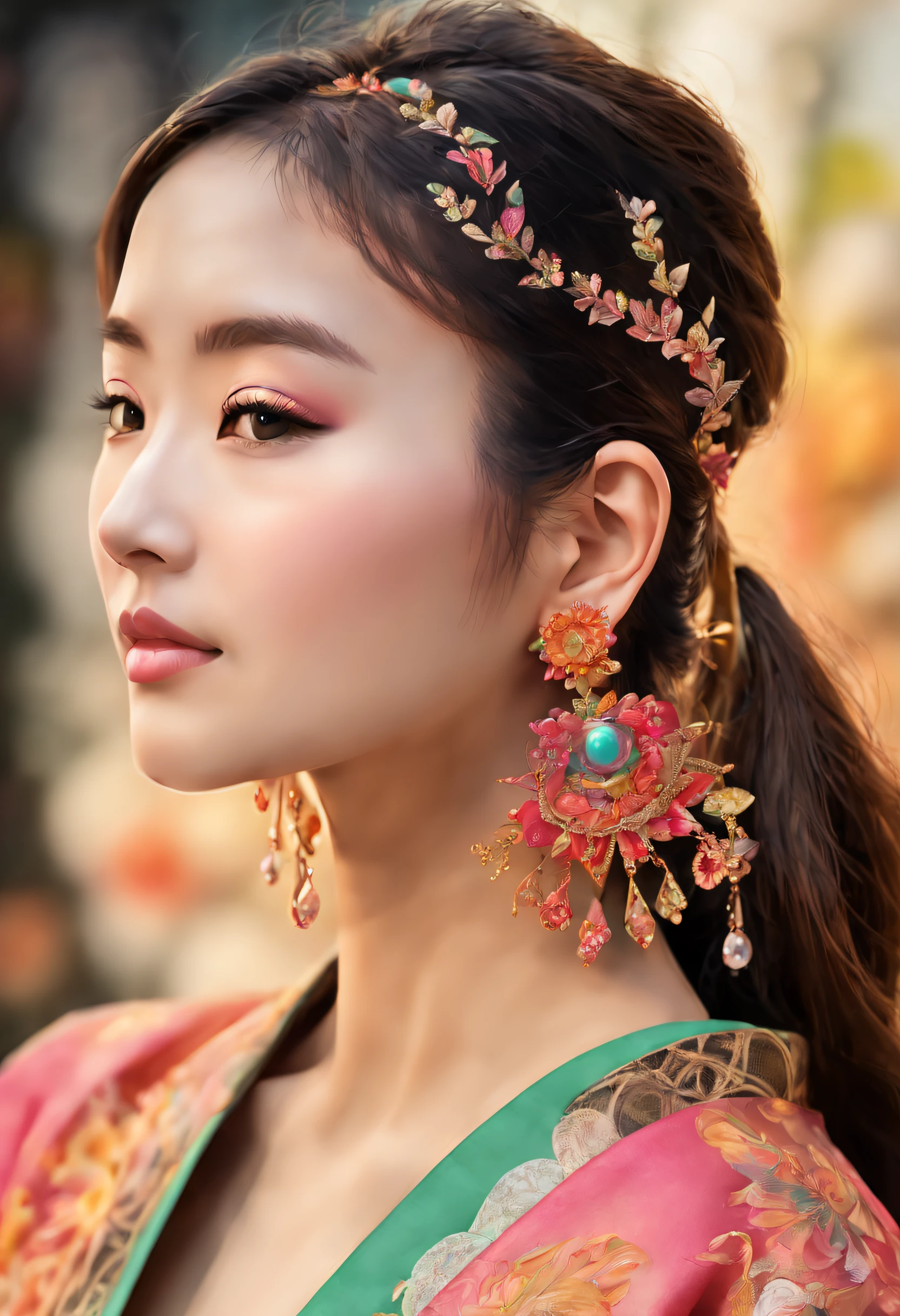 (Visual Opulence, Supreme Quality, Unrivaled Artistry, Officially Recognized Art, Aesthetic Marvel: 1.2), (Single Female Subject: 1.3), Unbelievably Detailed, (Fractal Flourish: 1.1), (Vivid Colors: 1.1), Pinnacle Detail Precision, (Zentangle Brilliance: 1.2), (Dynamic Elegance), (Abstract Splendor: 1.5), (Japanese Elegance: 1.2), (Shimmering Skin), (Multifarious Colors: 1.4), (Exquisite Earrings: 1.4).