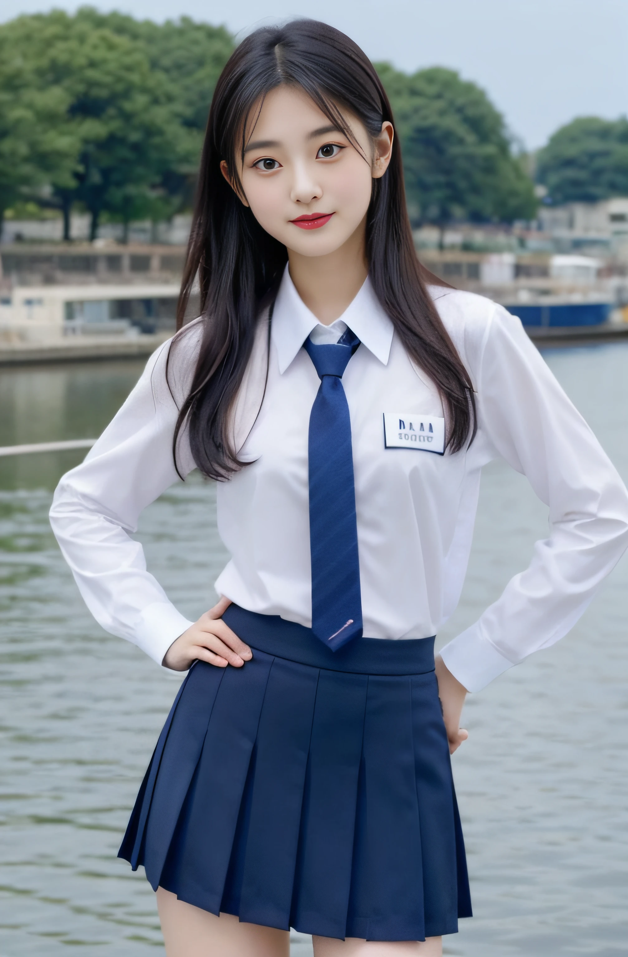 32K、japanaese girl、 Girls、Kawaii Girl、perfect body type、Transparency、discreet breasts、School Uniforms、Navy blue tie、Navy blue skirt、Light blue shirt、hposing Gravure Idol、waterside、Professional filming