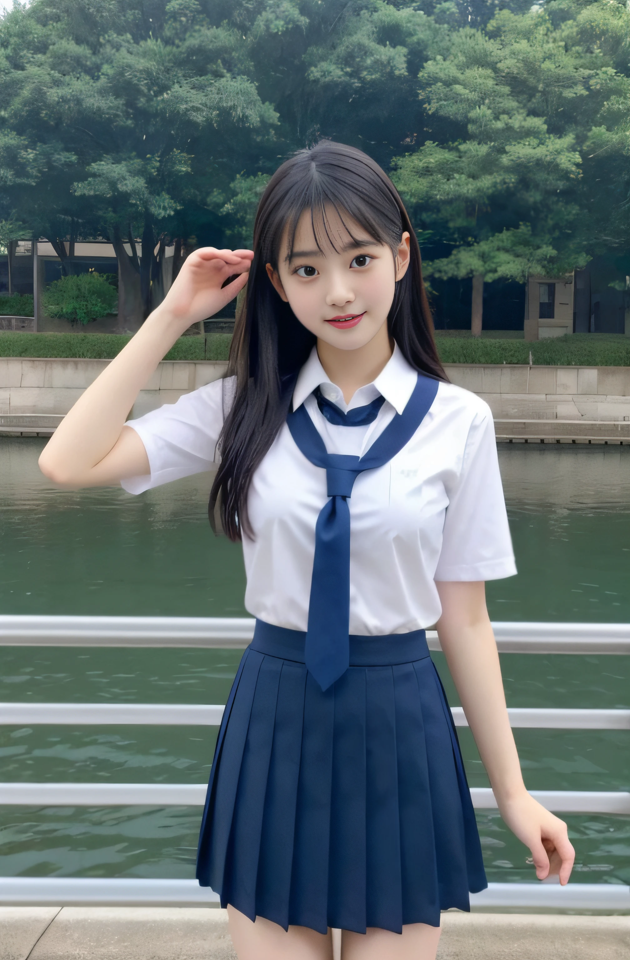 32K、japanaese girl、Teen Girls、Kawaii Girl、perfect body type、Transparency、discreet breasts、School Uniforms、Navy blue tie、Navy blue skirt、Light blue shirt、hposing Gravure Idol、waterside、Professional filming