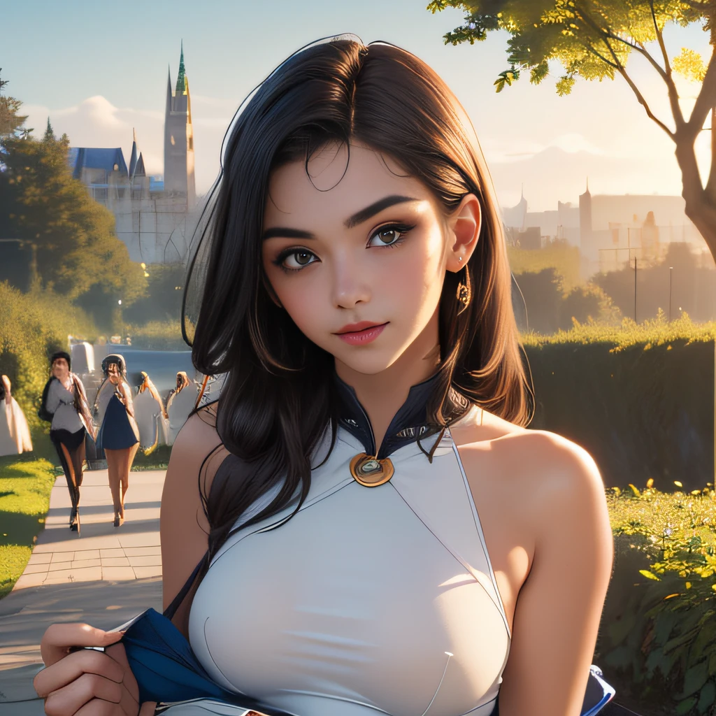 (extremely detailed 8K wallpaper:2), (photo:2), (26 years old Xuan Beautiful girl:2), (gives a lecture to friends:2), Detailed (Face & Eyes), (hyper realistic:1), (Highly detailed:1), (Epic Realistic:1), rim light, (Maximum details:1), Cosy, (body complet:1.3), (looking a viewer:2), (Attractive qualities of a woman:2), (attractive female:2), (Attractive:2), Smile, intelligence, sympathy, Grace, A sense of style, Fitness, Care, optimism, (sensitivity:2), frankness, Romantic gestures, playfulness, Fashion Sense, (sensuality:2), charm, modesty, Thoughtfulness, (femininity:1), flirtatiousness, warmth, (Physical Attractiveness:2), beautiful smile, Love of Life, Strength and power, Vulnerability, curiosity, wonder, Love, (Nature's prehistory:2), Kawaii, waifu, beautiful breasts, (attractive body:2), (handsome body:2), BEAUTIFUL POSE, attractive pose, (nice feet:1.0), (beautiful clothing:1), (Classic clothes:2), (elegant clothing:2), (European Clothing:2), detailed clothes, (upskirt:1), (blouse:1), (provocative pose)