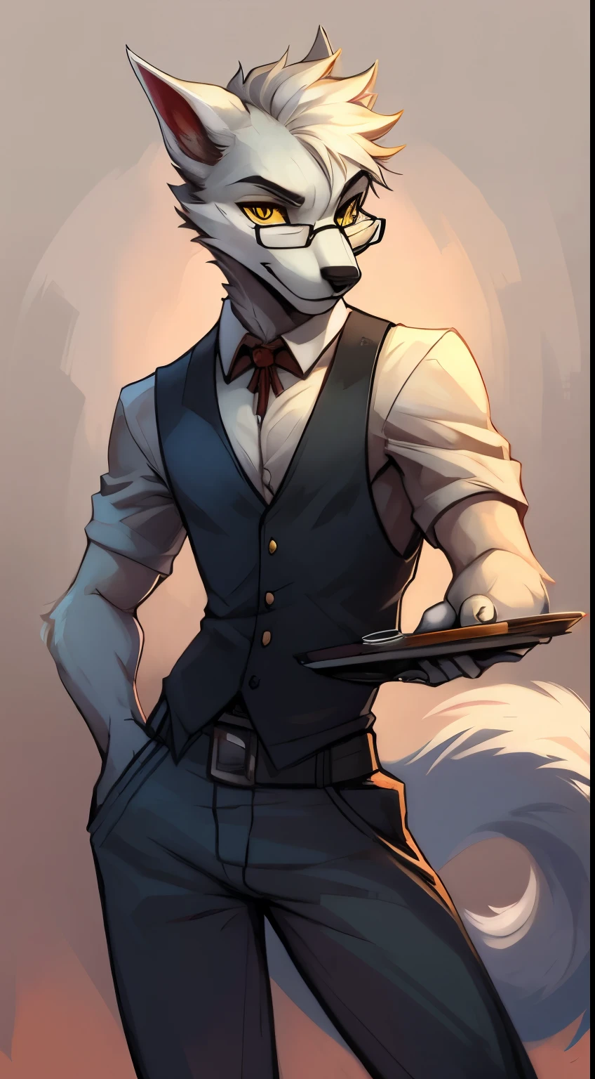 Male, arctic wolf, detailed yellow eyes, long tail, bartender, loose baggy jeans, slim, sly, simple background, glasses