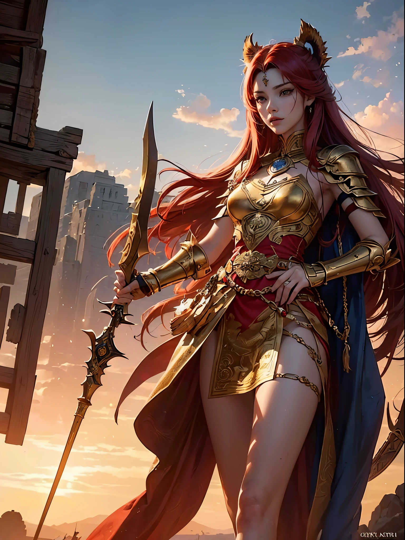 ((​masterpiece)))、(((top-quality)))、((ultra-detailliert))、(A hyper-realistic)、(highly detailed CGillustration）、Official art、Gold and red tones、Fantasia、Ancient mythology、Ancient Babylonia、twilight battlefield、Mystical、solemnity、An majestic、sacredness、Best Quality, ​master piece、Ishtar, Goddess of War、Increase your fighting spirit、Invincible Great General、Be brave and bold、Brave、Awe-inspiring Hall々、glorias、Prestige、Veteran Hero、Cool eyes、matchless beauty、Rin々Right、Guardians of Lions、refinement、noble、Proud、Wearing noble jewelry、Equip your weapons、The appearance is luxurious and golden armor、cloaks、Tall and lean、Long hair with fiery red hair、Perfect Angle、perfect-composition、Perfect light and shadow contrast、low angles、from side