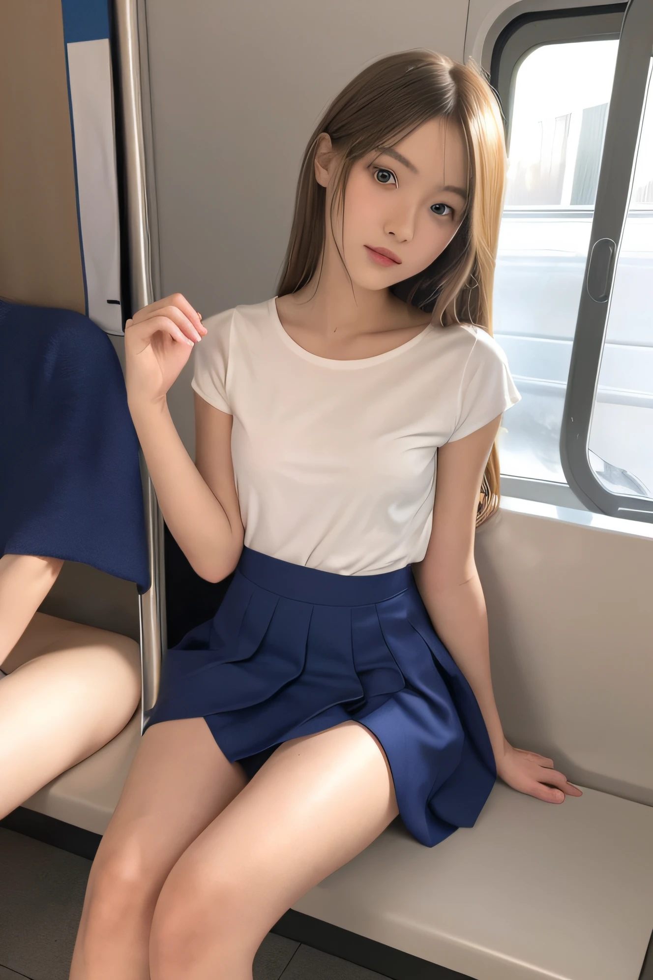 masutepiece, masterpiece、top-quality, ultra-detailliert,、hight resolution, hight resolution、,8K Portrait, Unity 8k Wallpapers、extremely details CG、Unity 8k壁纸, Highly detailed CG Unity 8k wallpaper、逼真, realperson, cute little、 Portrait photos,shinny skin, Lots of girls(sixteen years old:1.5)、high-detail、(skinny body:1.8)、Beautiful clear eyes、Ultra-fine depiction、delicated face、Lovely lips、big breasts thin waist:1.5、Thin leg、3 girls、the pose、(fullnude:1.4)、(Sitting on a train chair:1.5)、(flat chest:1.2)、(tight skirts:1.4)